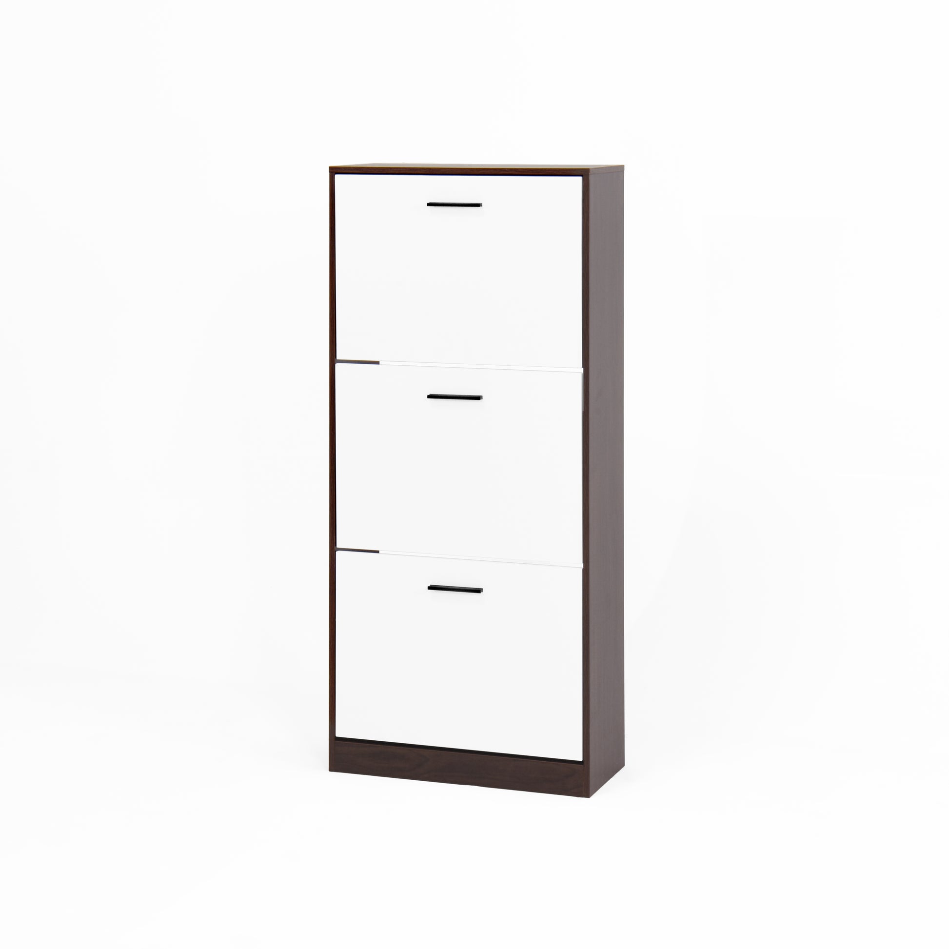 Narrow white shoe cabinet with three flipdown doors and dark wood trim