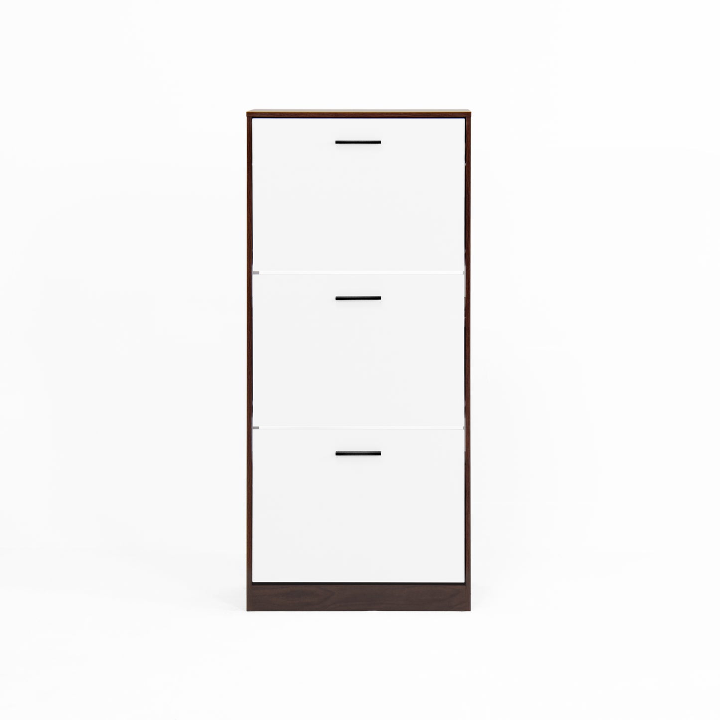 Modern white drawer shoe cabinet with dark wood frame