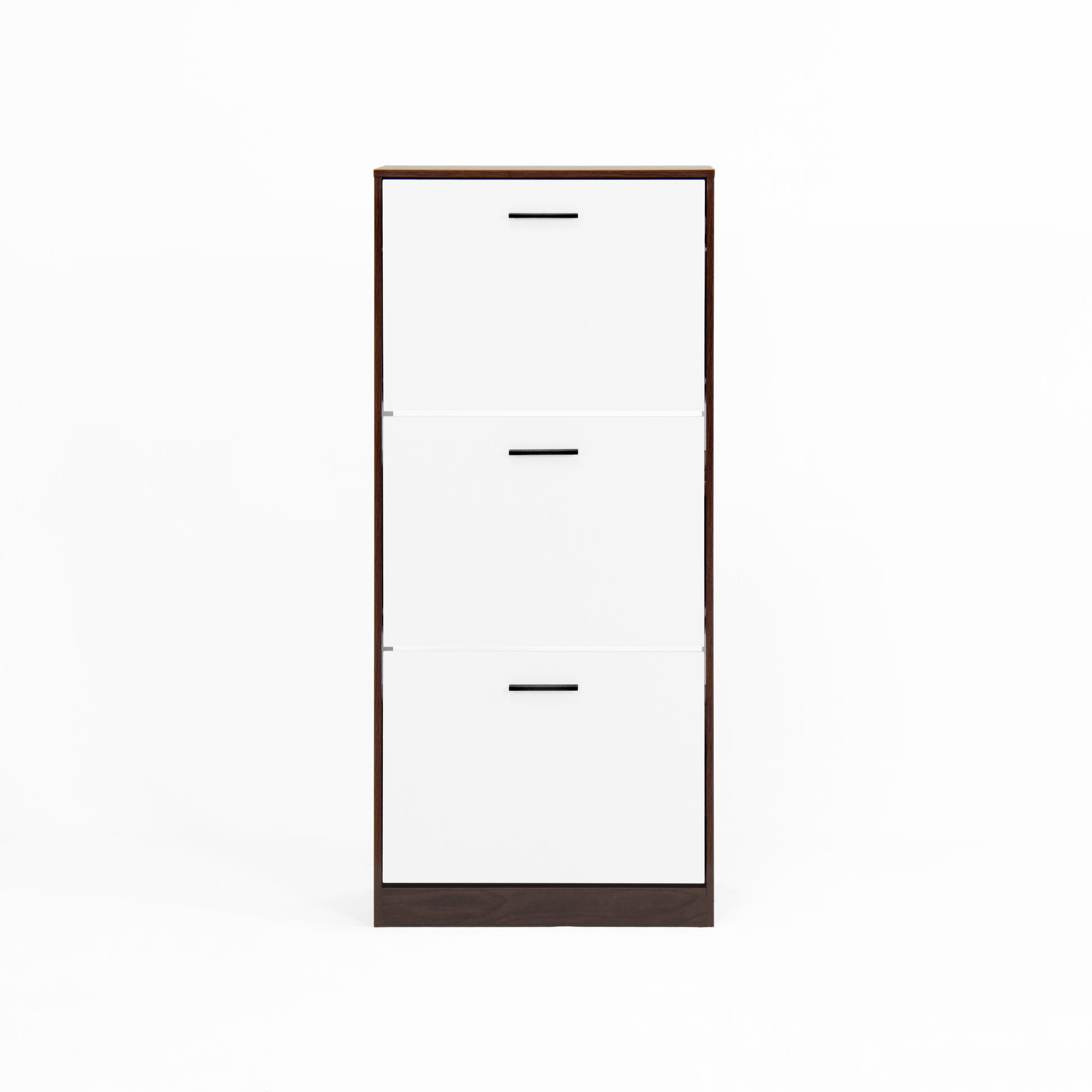 Modern white drawer shoe cabinet with dark wood frame