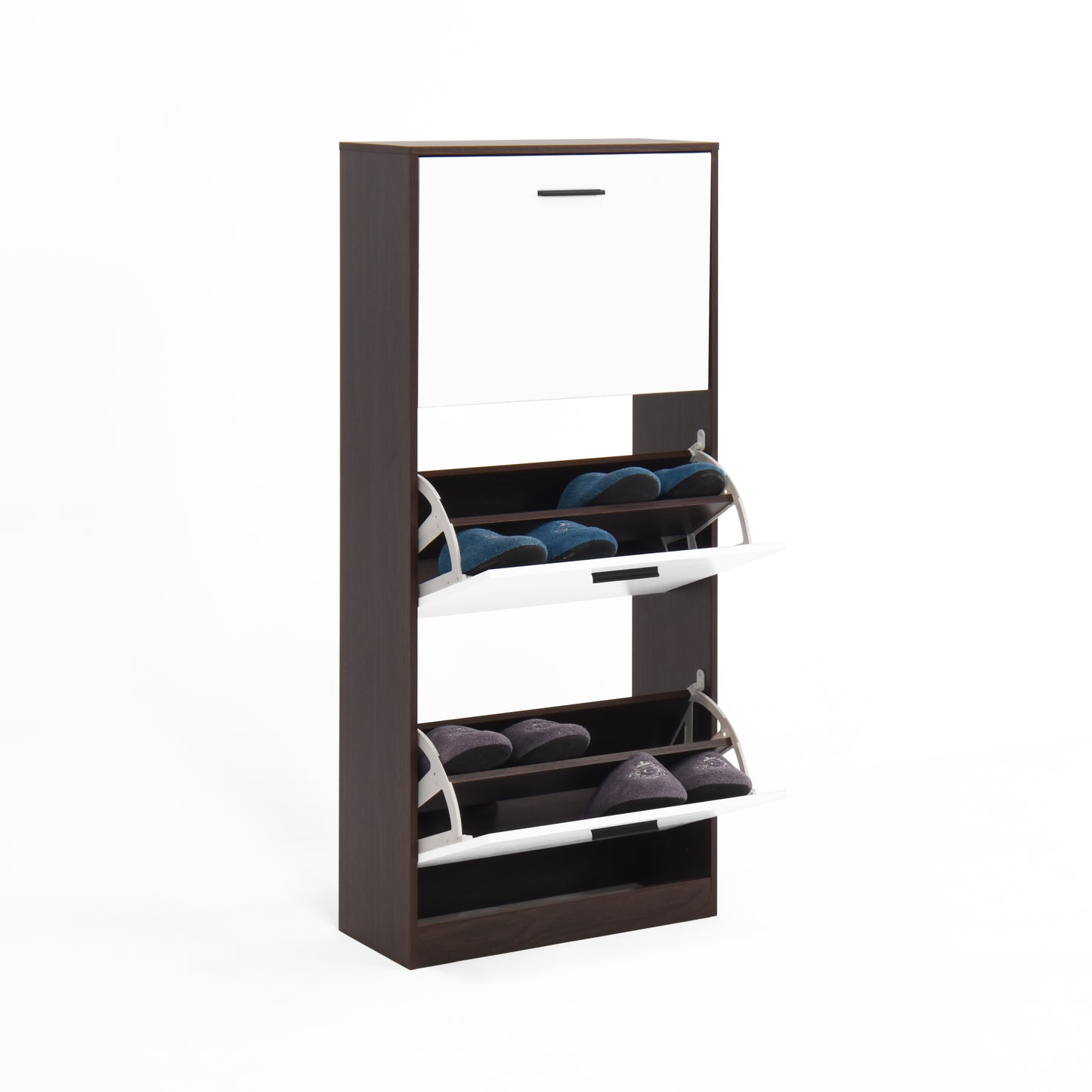 Modern dark wood and white shoe cabinet with two flipout drawers storing blue and purple slippers