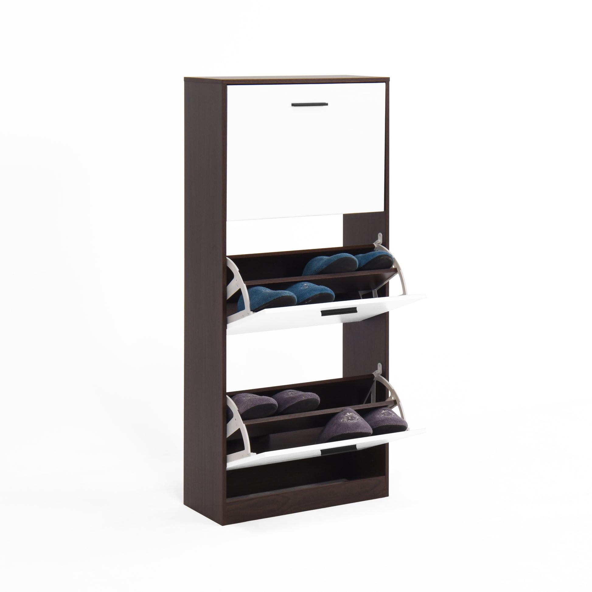Modern dark wood and white shoe cabinet with two flipout drawers storing blue and purple slippers