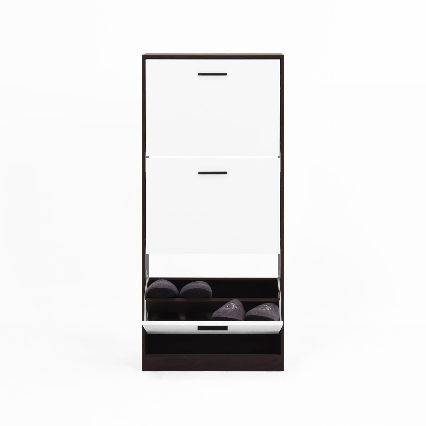 Slim white and dark brown shoe cabinet with three tiltout drawers