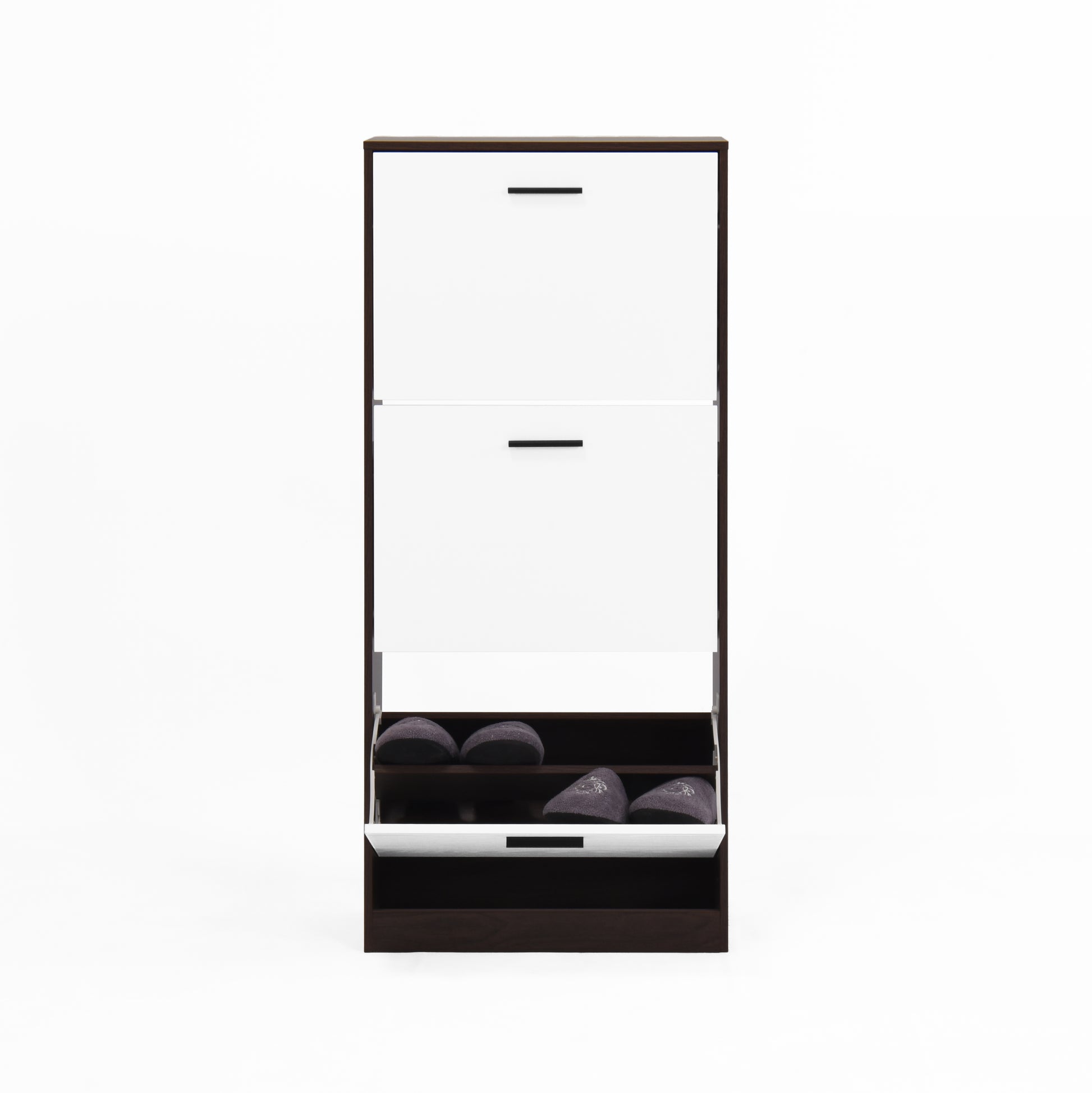Slim white and dark brown shoe cabinet with three tiltout drawers