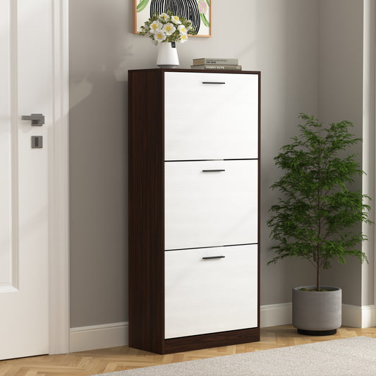 Dark wood and white drawer shoe cabinet with black handles