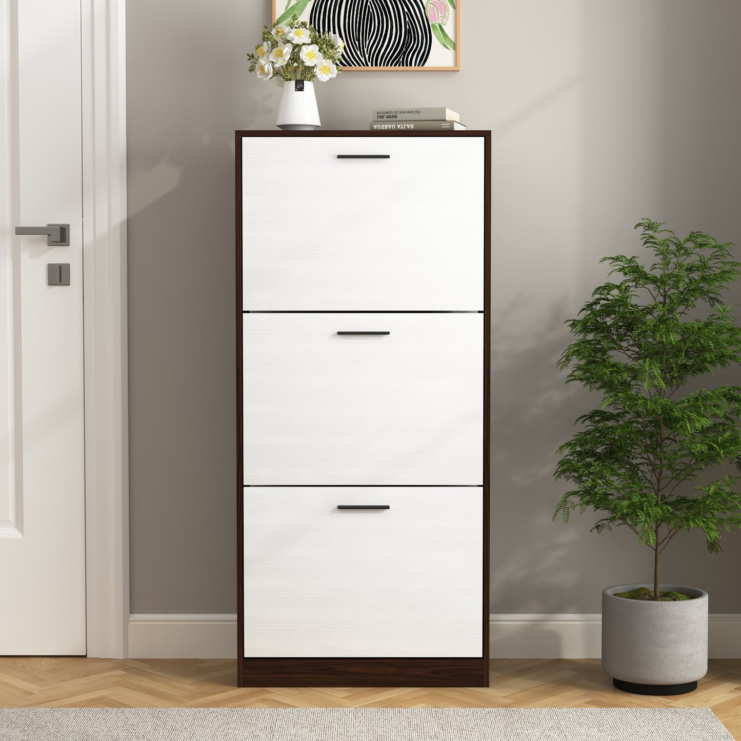 Tall white and brown shoe cabinet with three flipdown doors