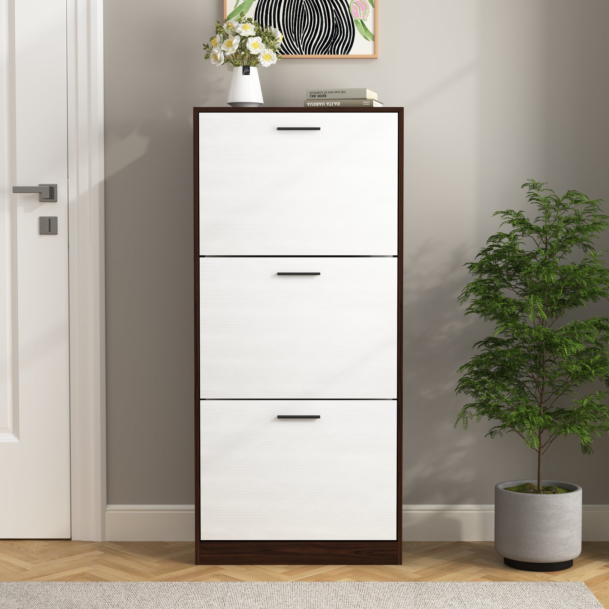 Tall white and brown shoe cabinet with three flipdown doors