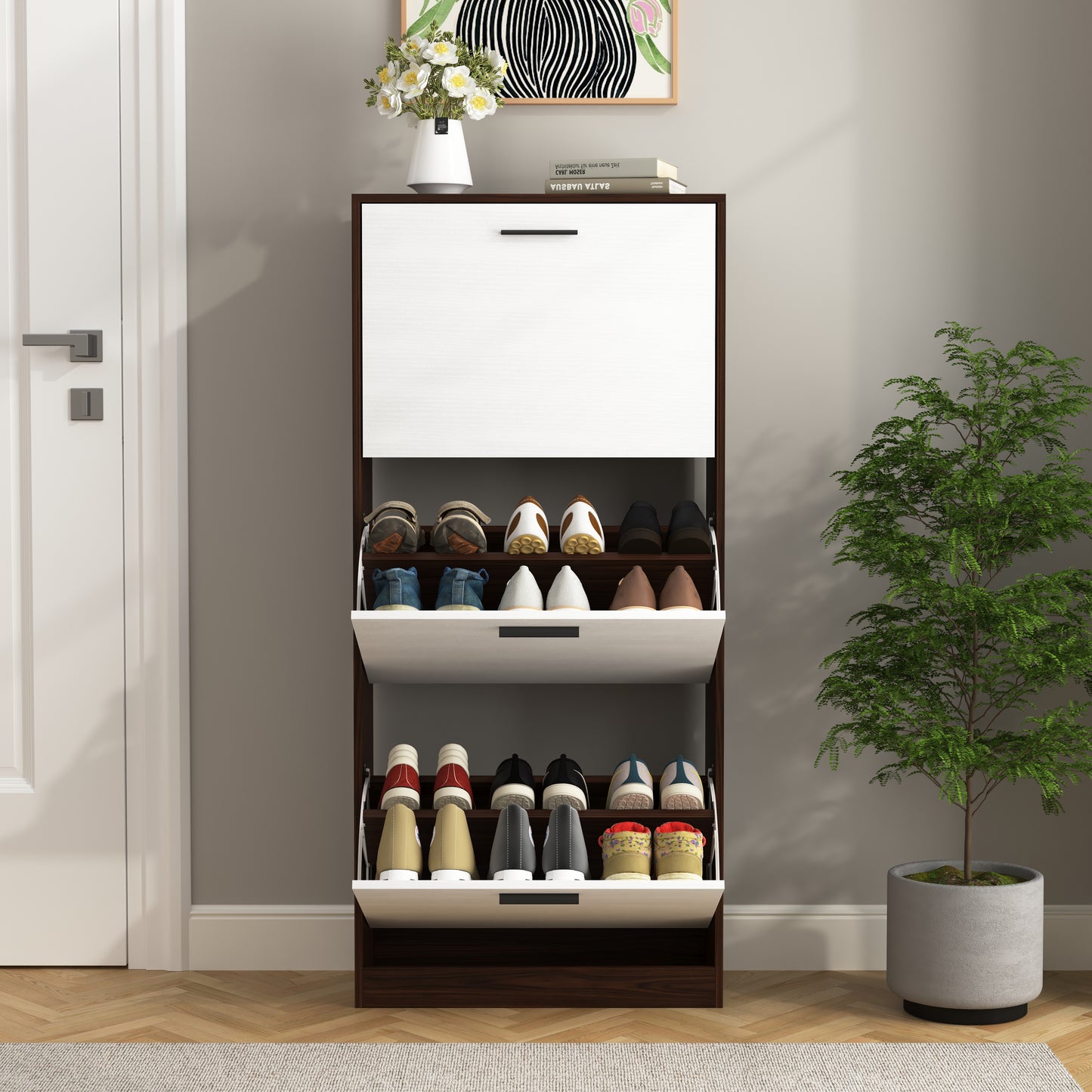 Dark wood and white flipdrawer shoe cabinet with multiple pairs of shoes