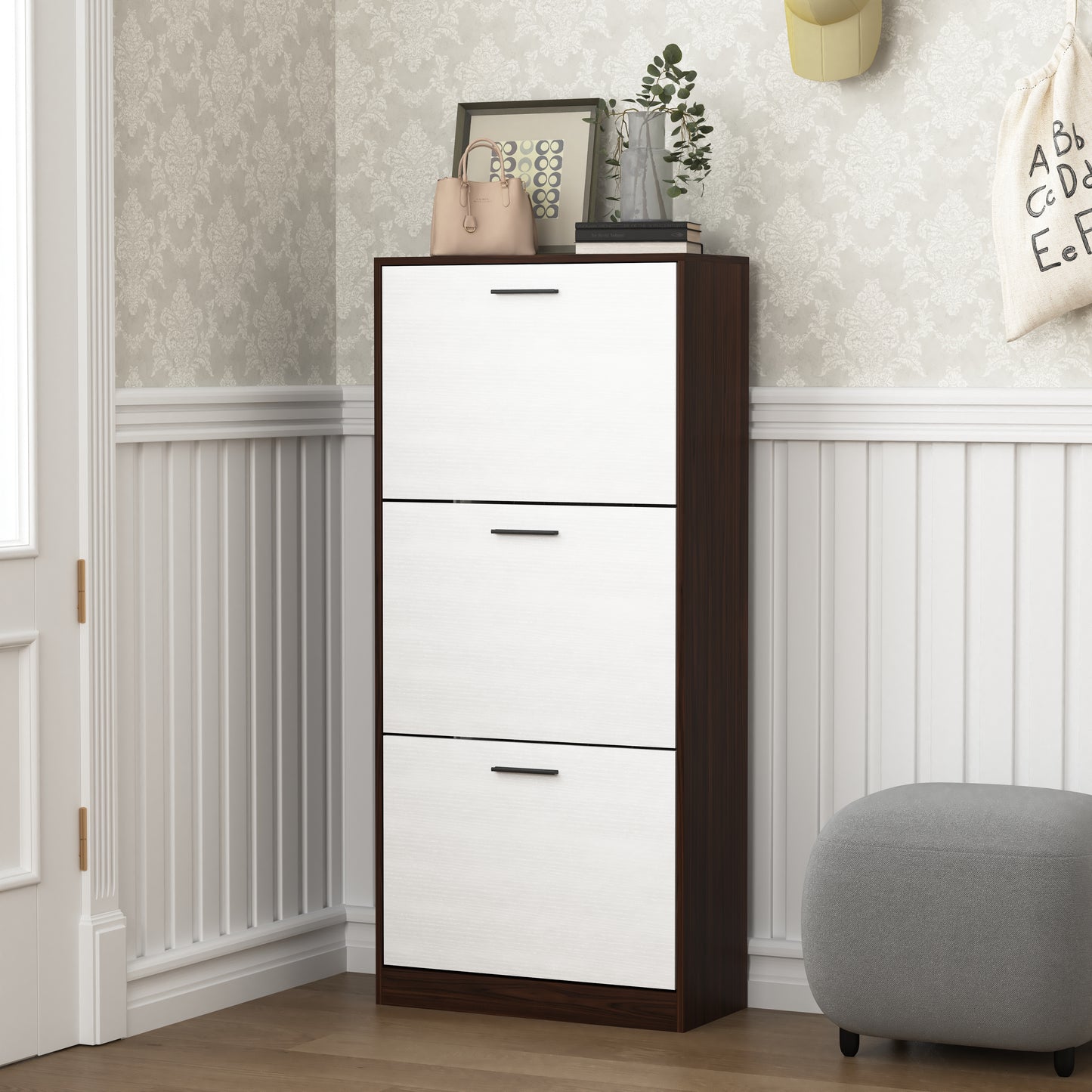 Dark wood and white drawer shoe cabinet with slim black handles