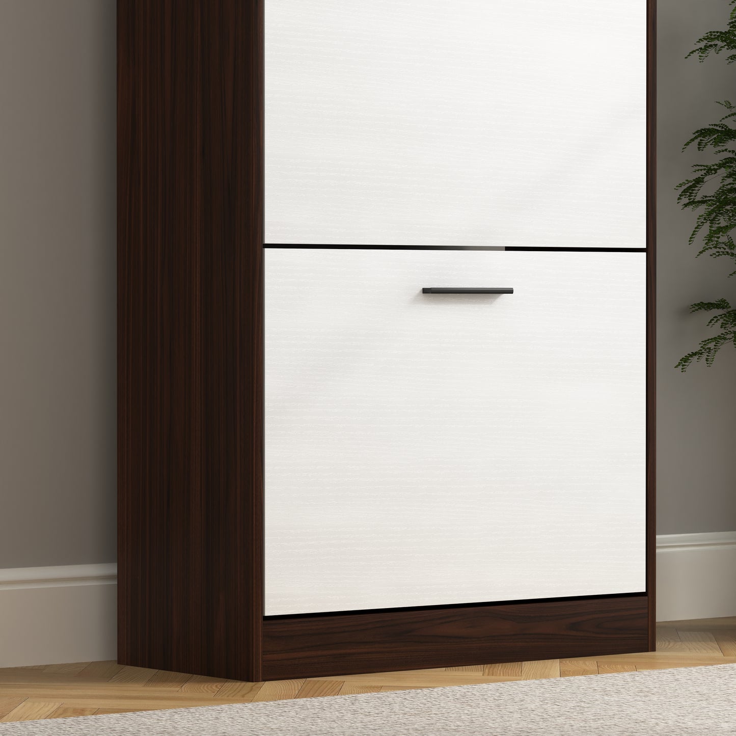 Modern white and dark wood twodrawer shoe cabinet with minimalist handle