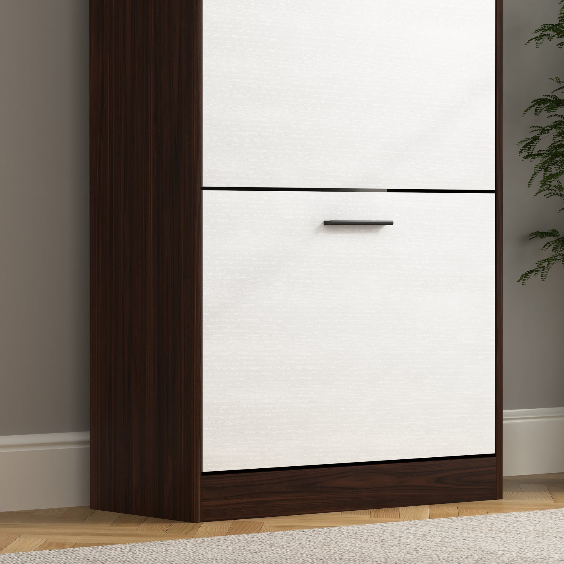 Modern white and dark wood twodrawer shoe cabinet with minimalist handle
