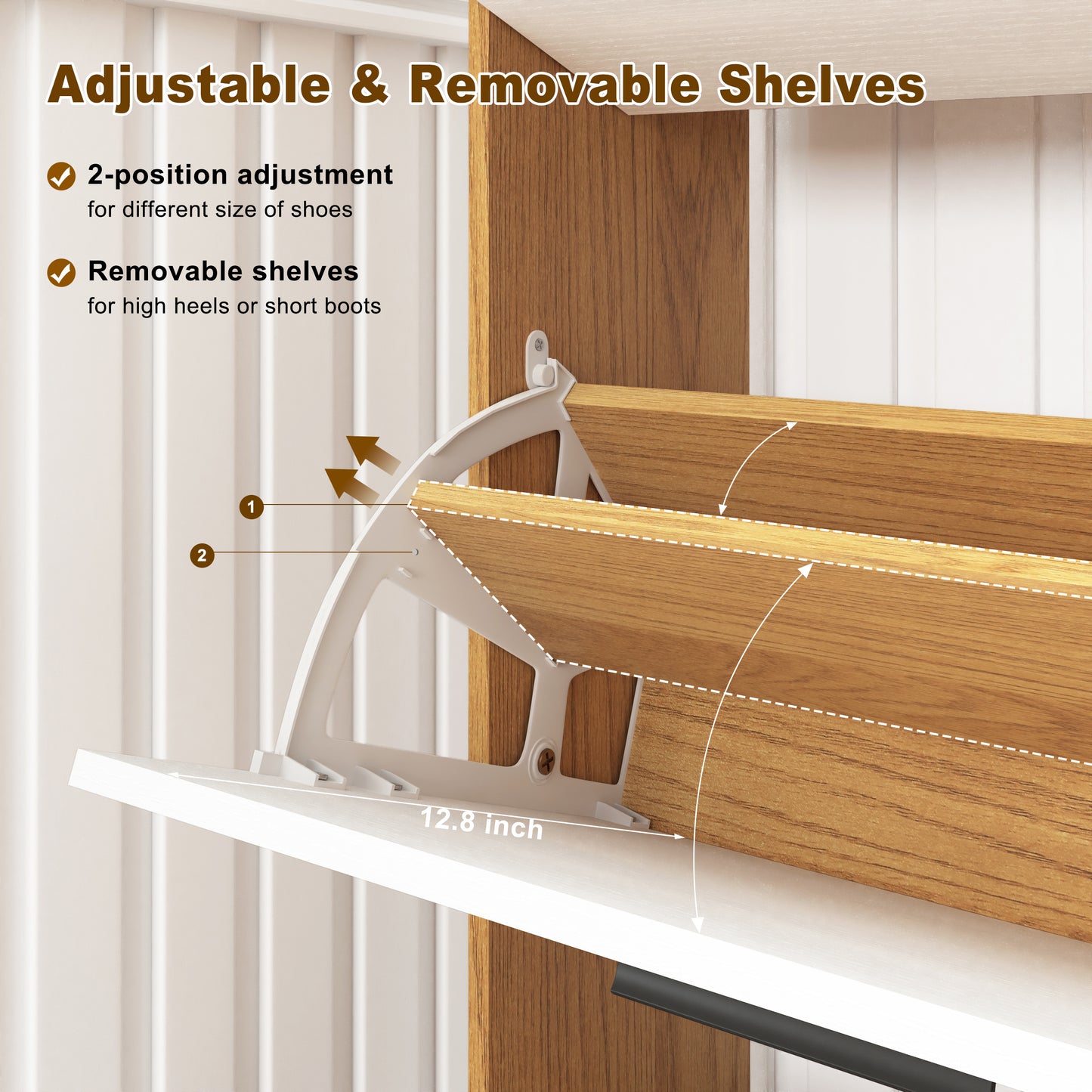 White adjustable shelf bracket holding wooden shelf in shoe cabinet