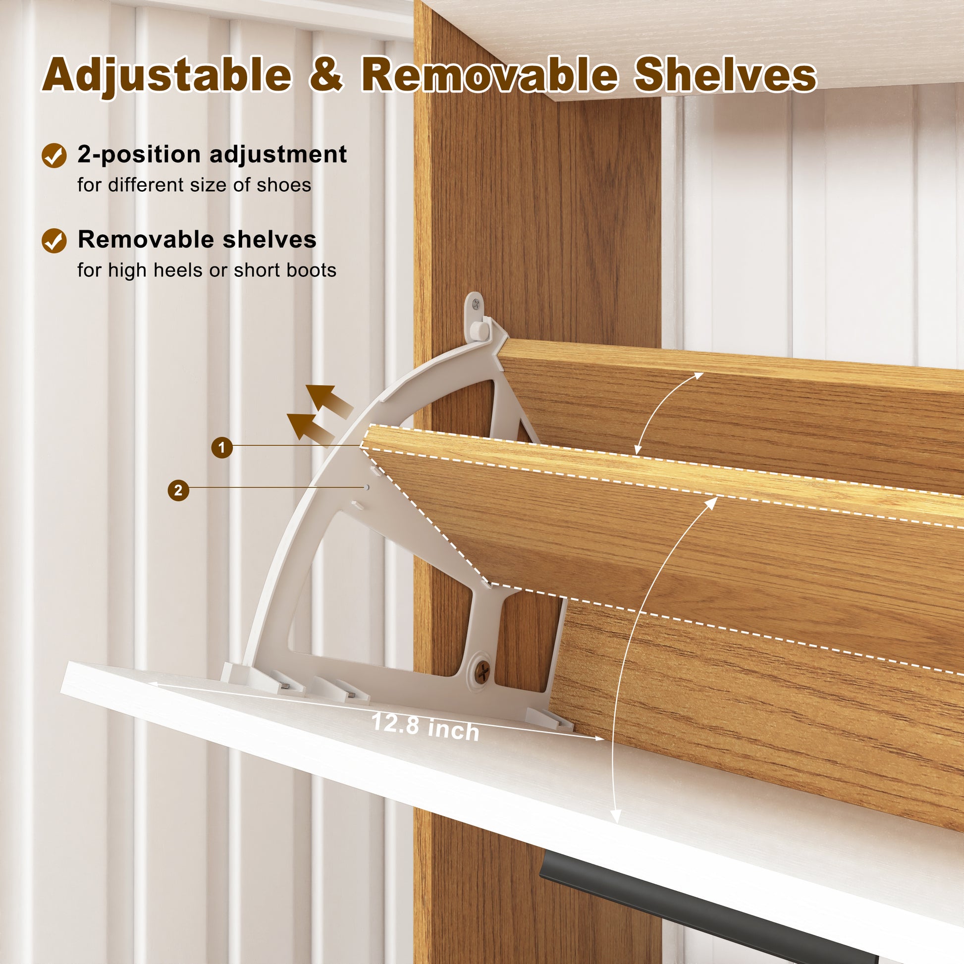 White adjustable shelf bracket holding wooden shelf in shoe cabinet