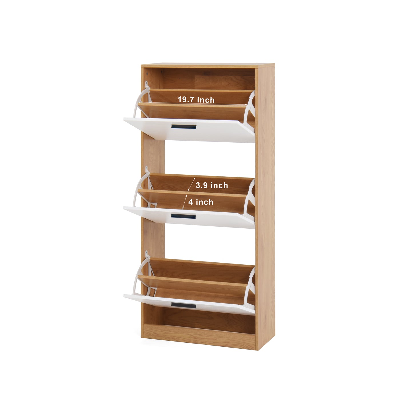 Slim oak entryway shoe cabinet with four flipout drawers and white fronts