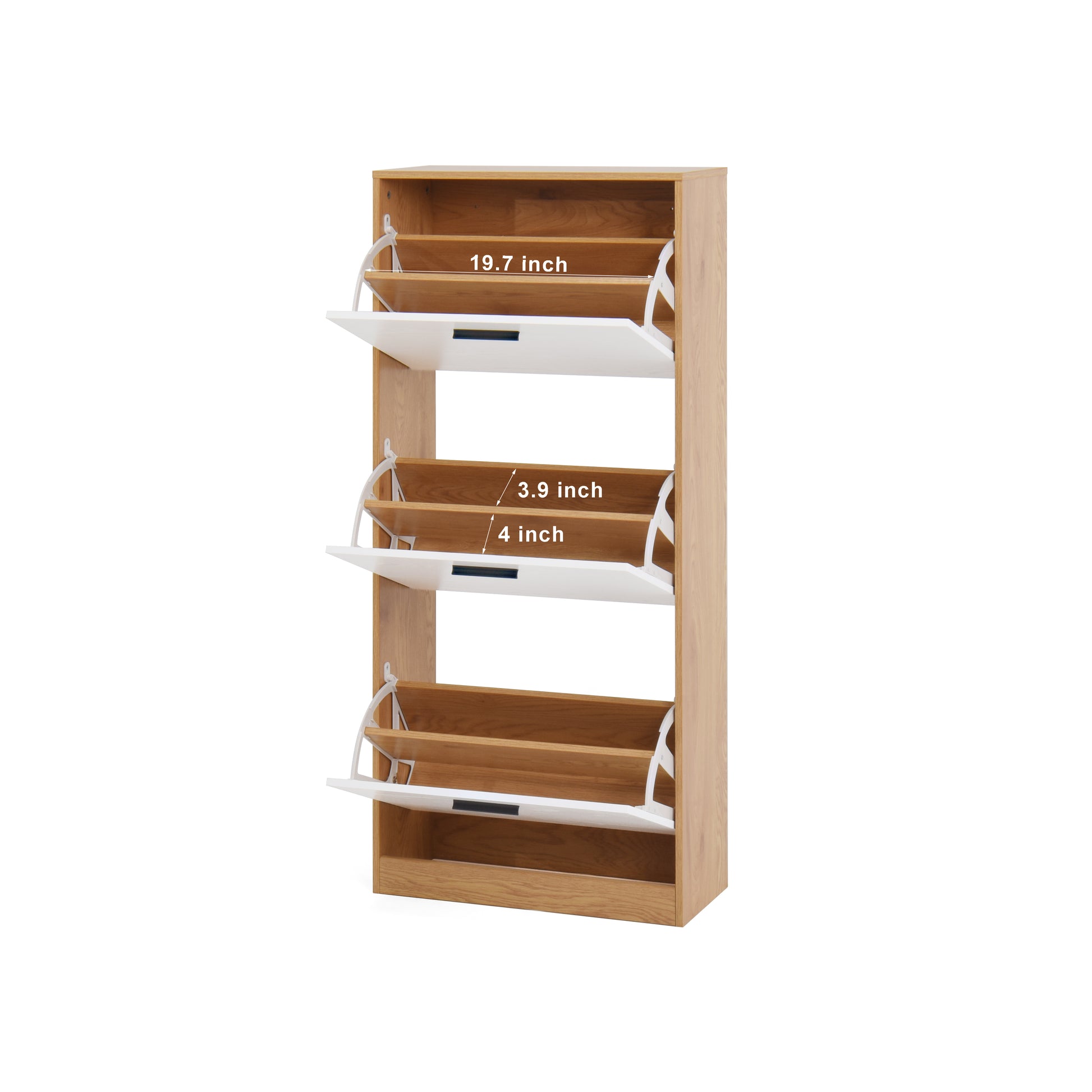 Slim oak entryway shoe cabinet with four flipout drawers and white fronts