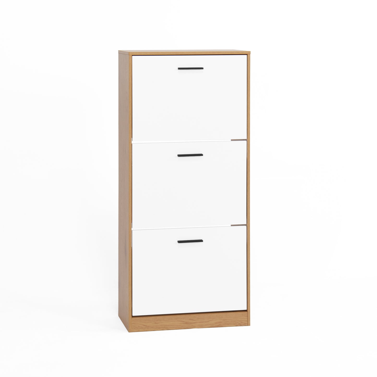White and oak drawer narrow shoe cabinet with black handles