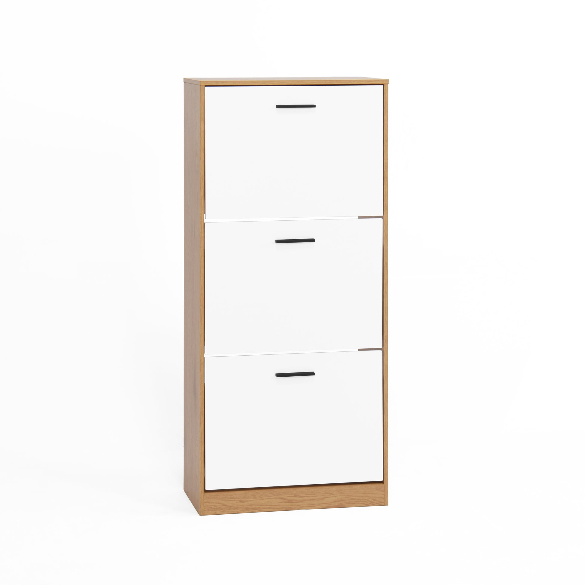 White and oak drawer narrow shoe cabinet with black handles