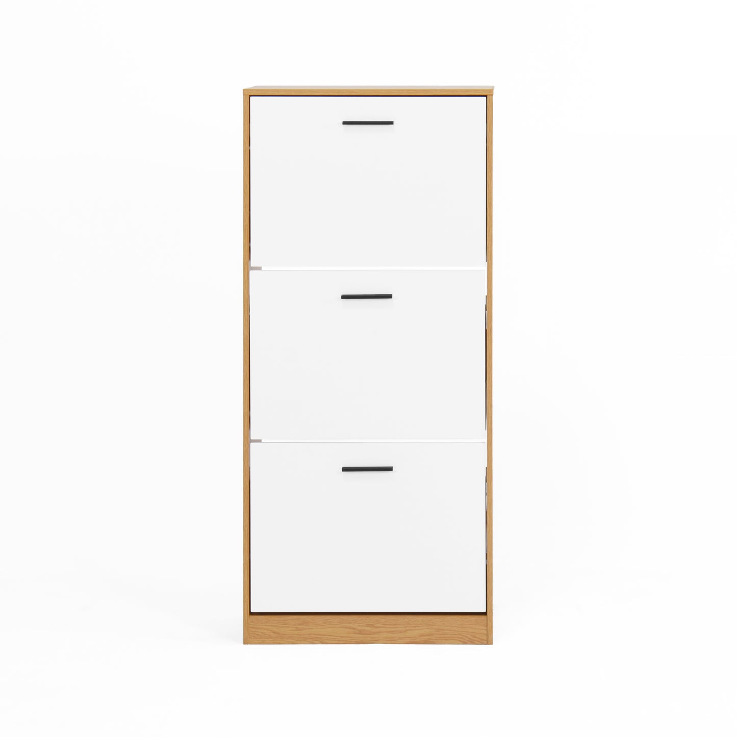 Slim white entryway shoe cabinet with three flipout drawers