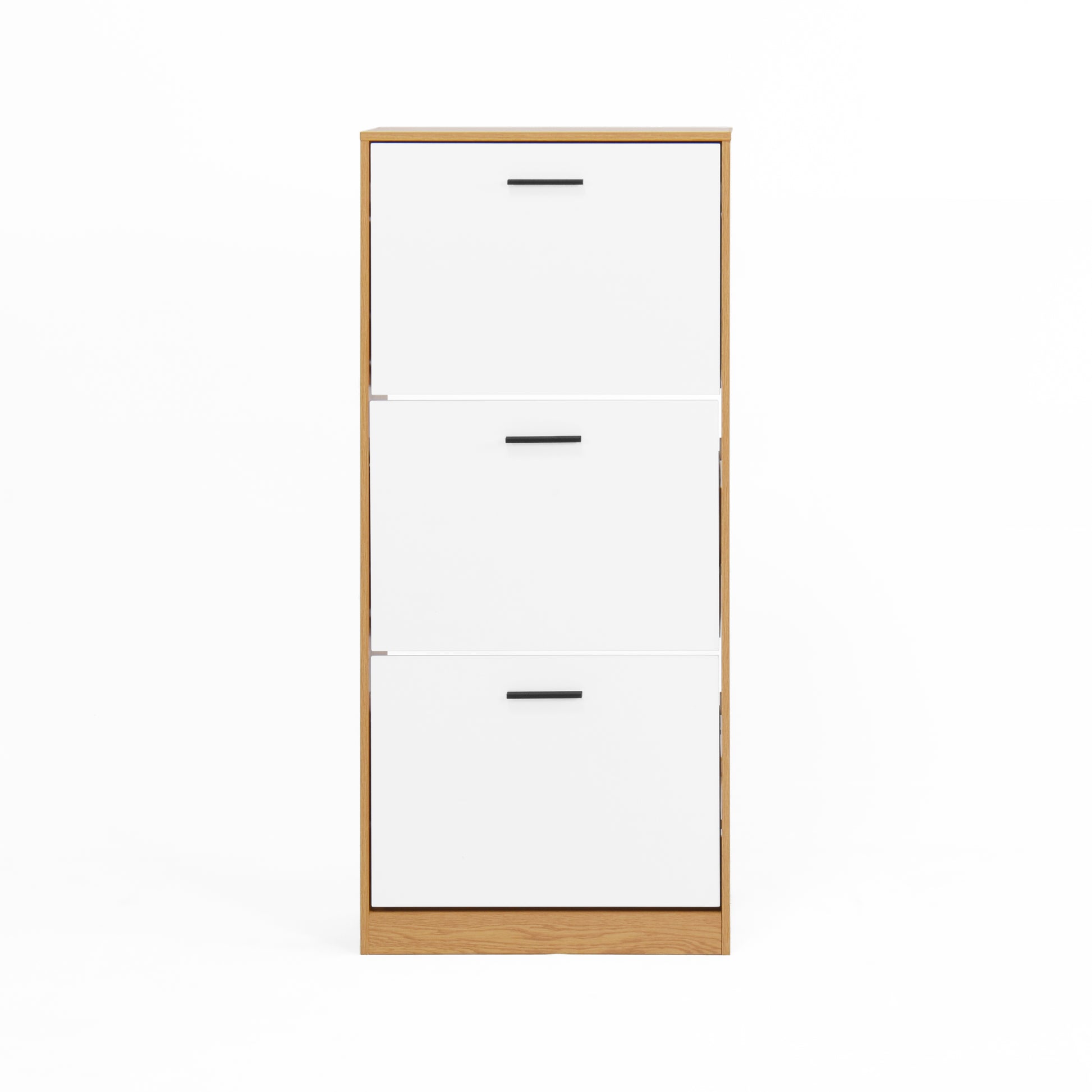 Slim white entryway shoe cabinet with three flipout drawers