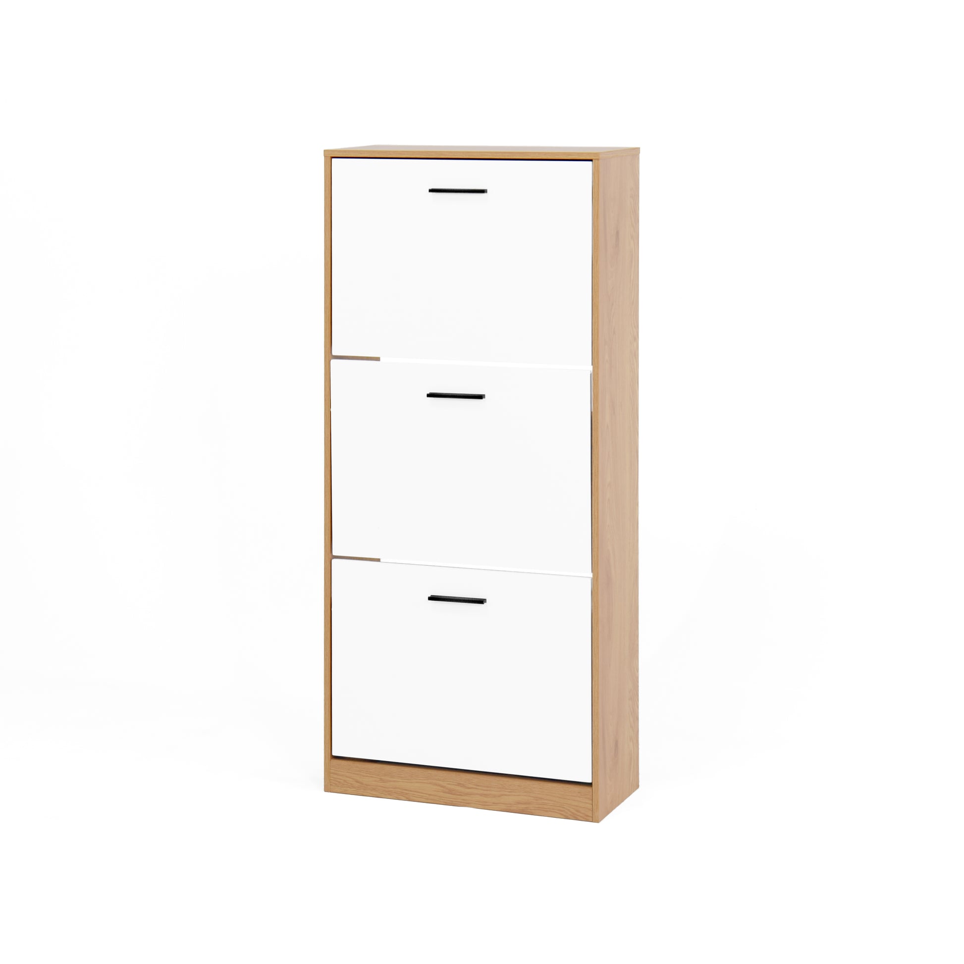 Tall narrow white and wood shoe cabinet with three flipout doors