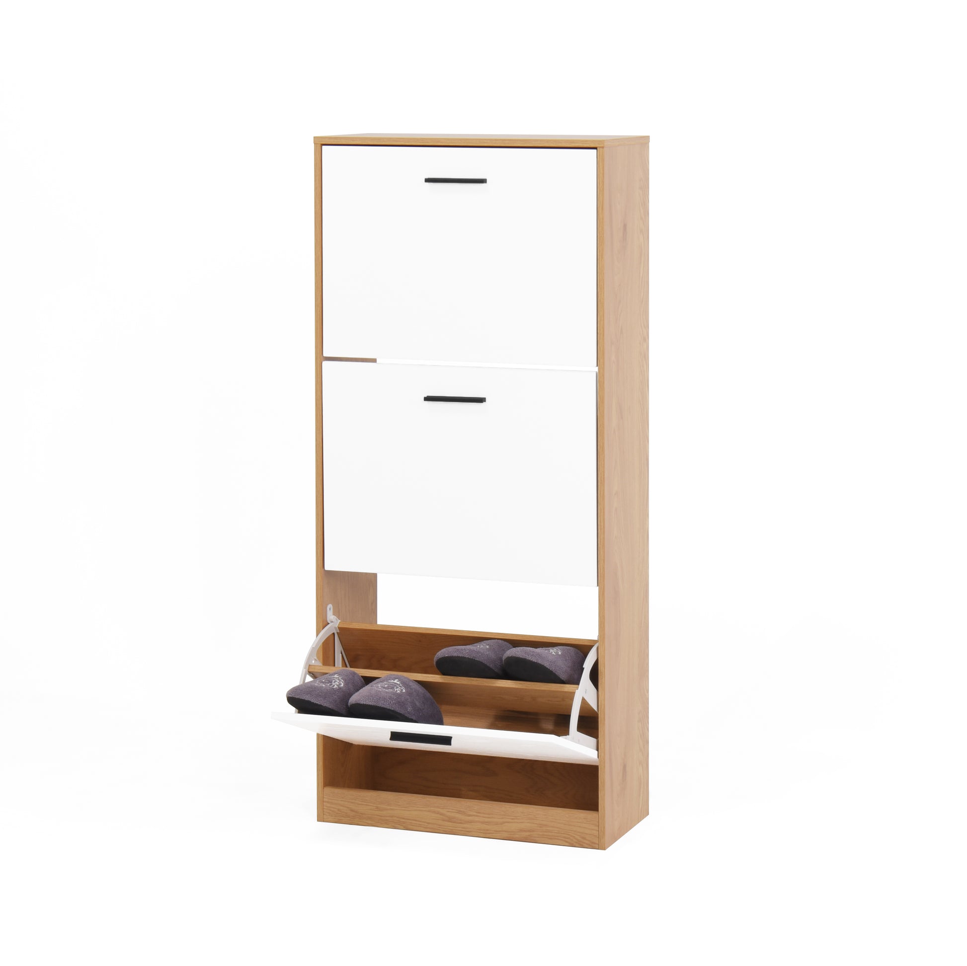 Modern white and oak shoe cabinet with two flipdown drawers and open shelf