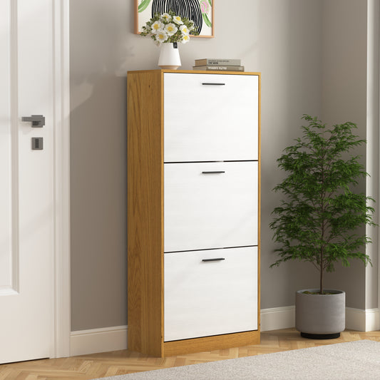 Slim wooden shoe cabinet with three white flipdown drawers