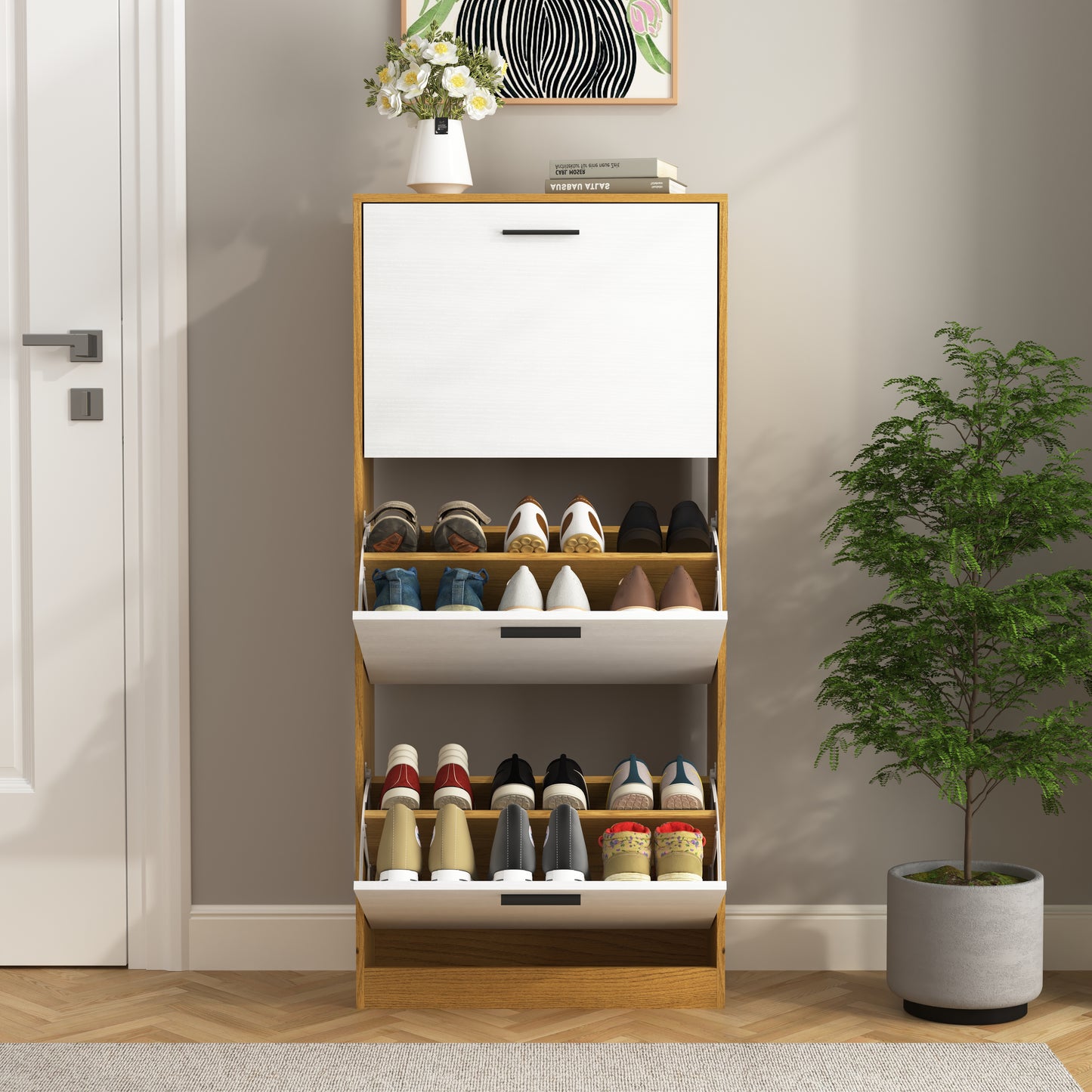 Modern white and wood entryway shoe cabinet with pulldown drawers