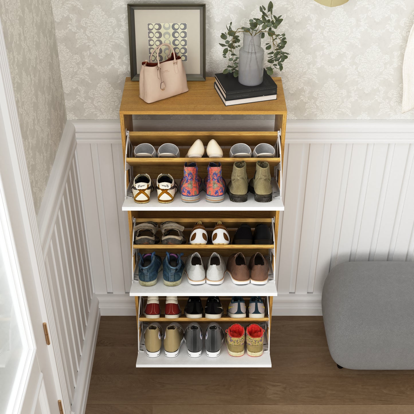 Compact wooden shoe rack with open shelves displaying various footwear