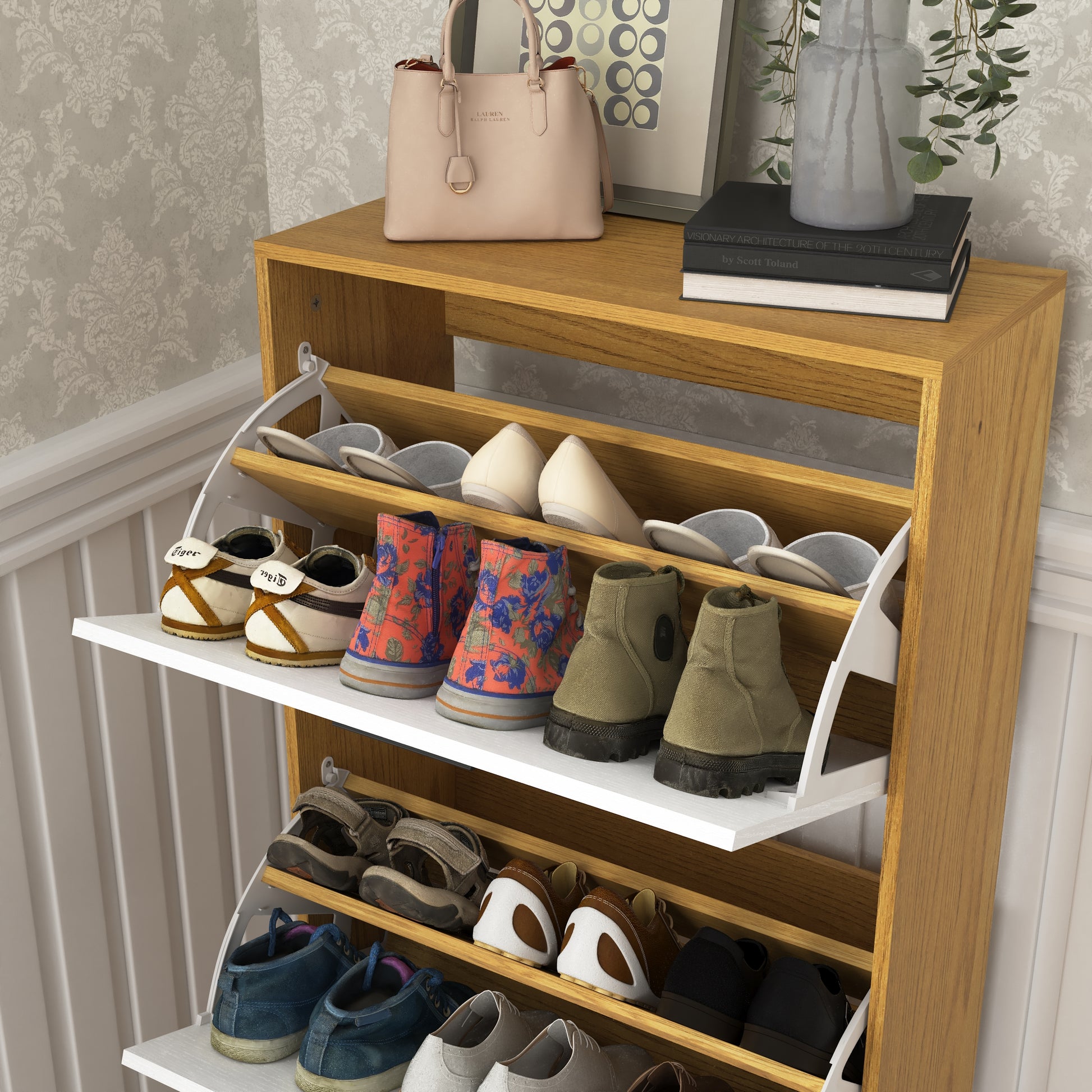 Wooden shoe rack with three shelves holding various footwear