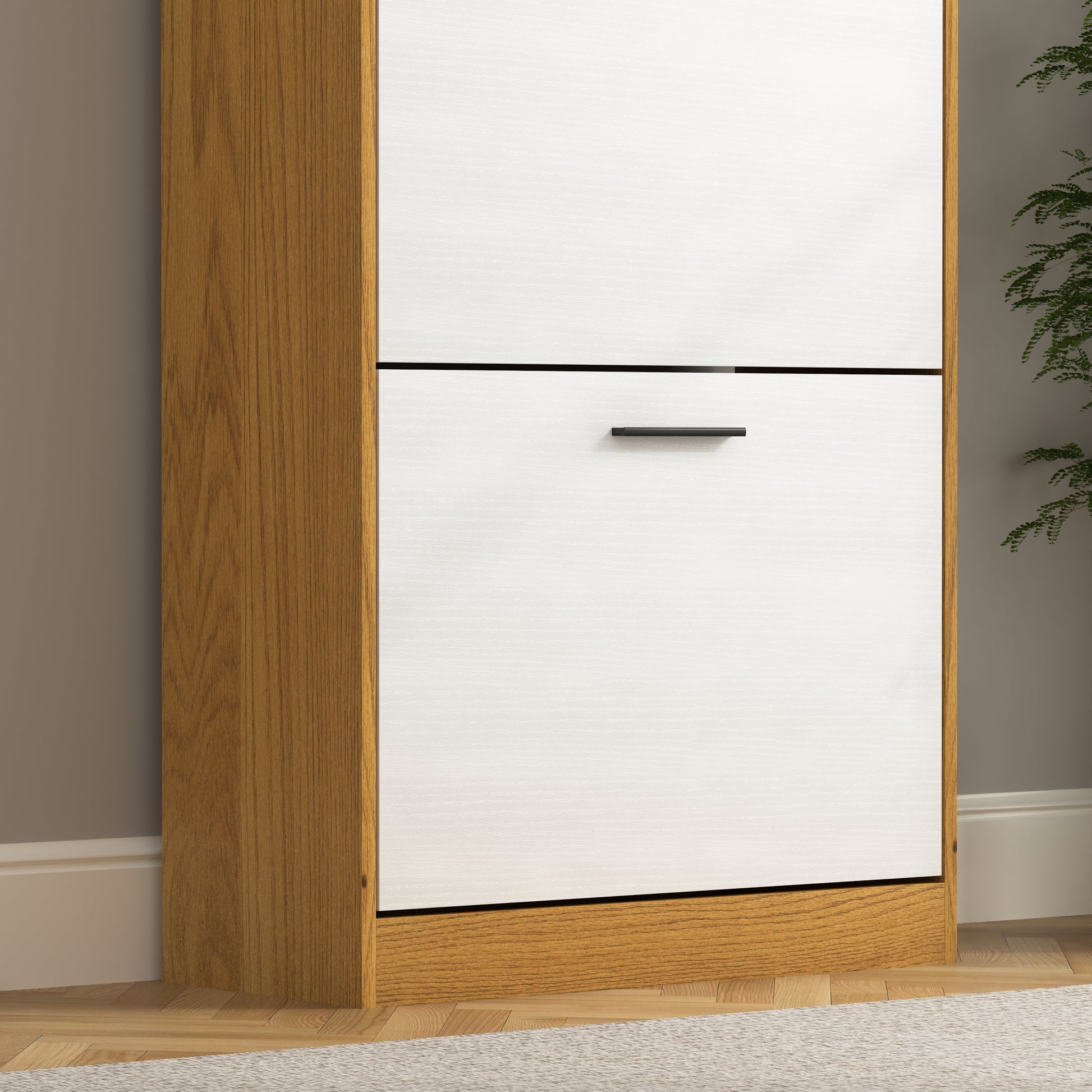 White and wood twodrawer cabinet with black handle