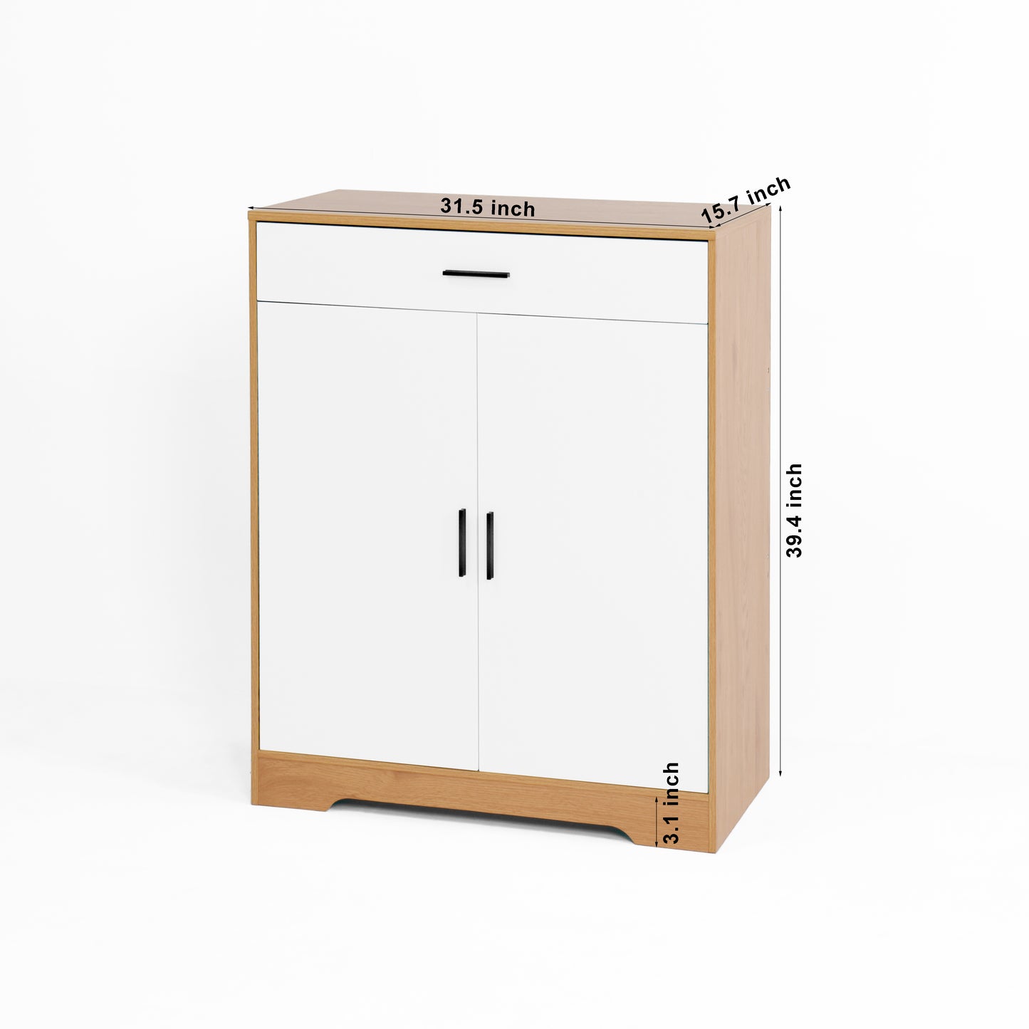 Modern white and wood storage cabinet with one drawer and two doors