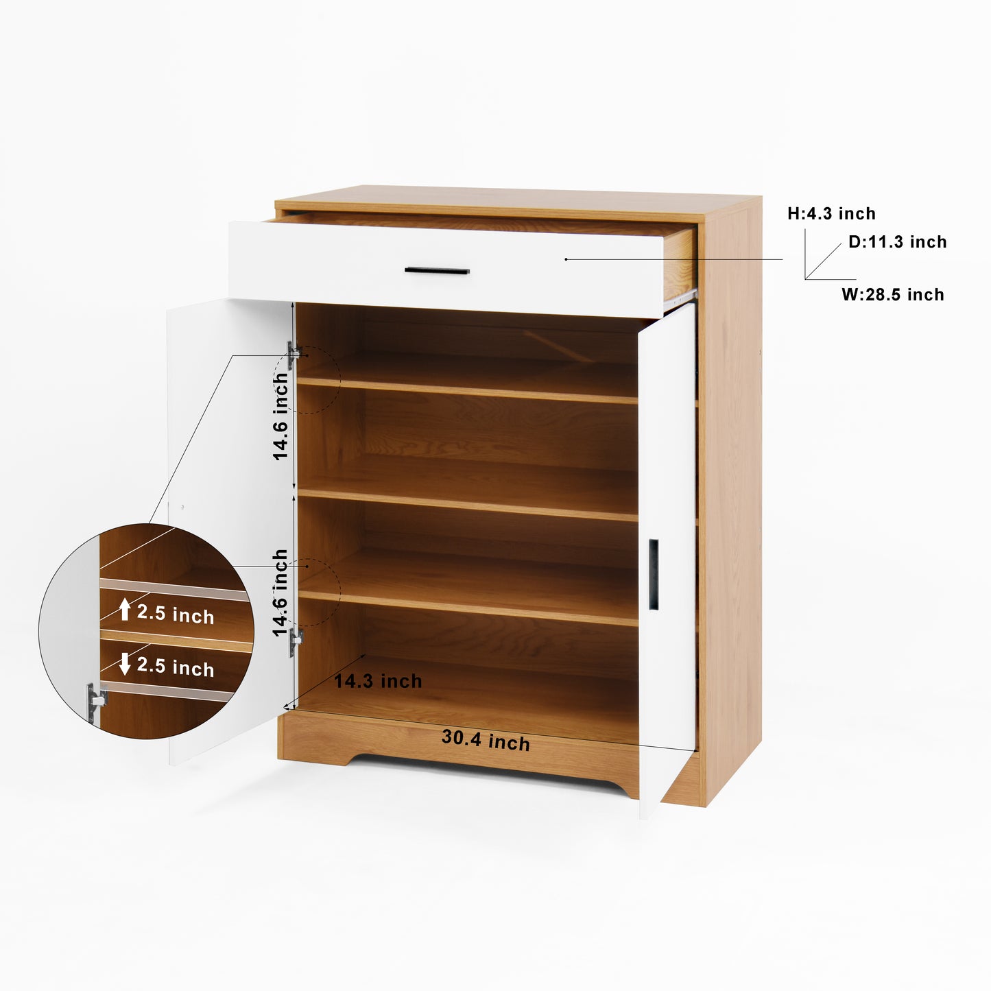 Modern white and oak shoe cabinet with three open shelves and one drawer