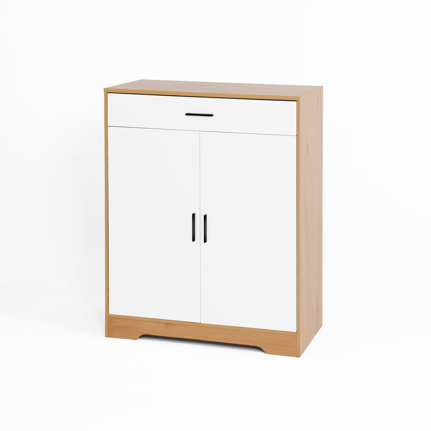 Modern white and wood shoe cabinet with two doors and one drawer