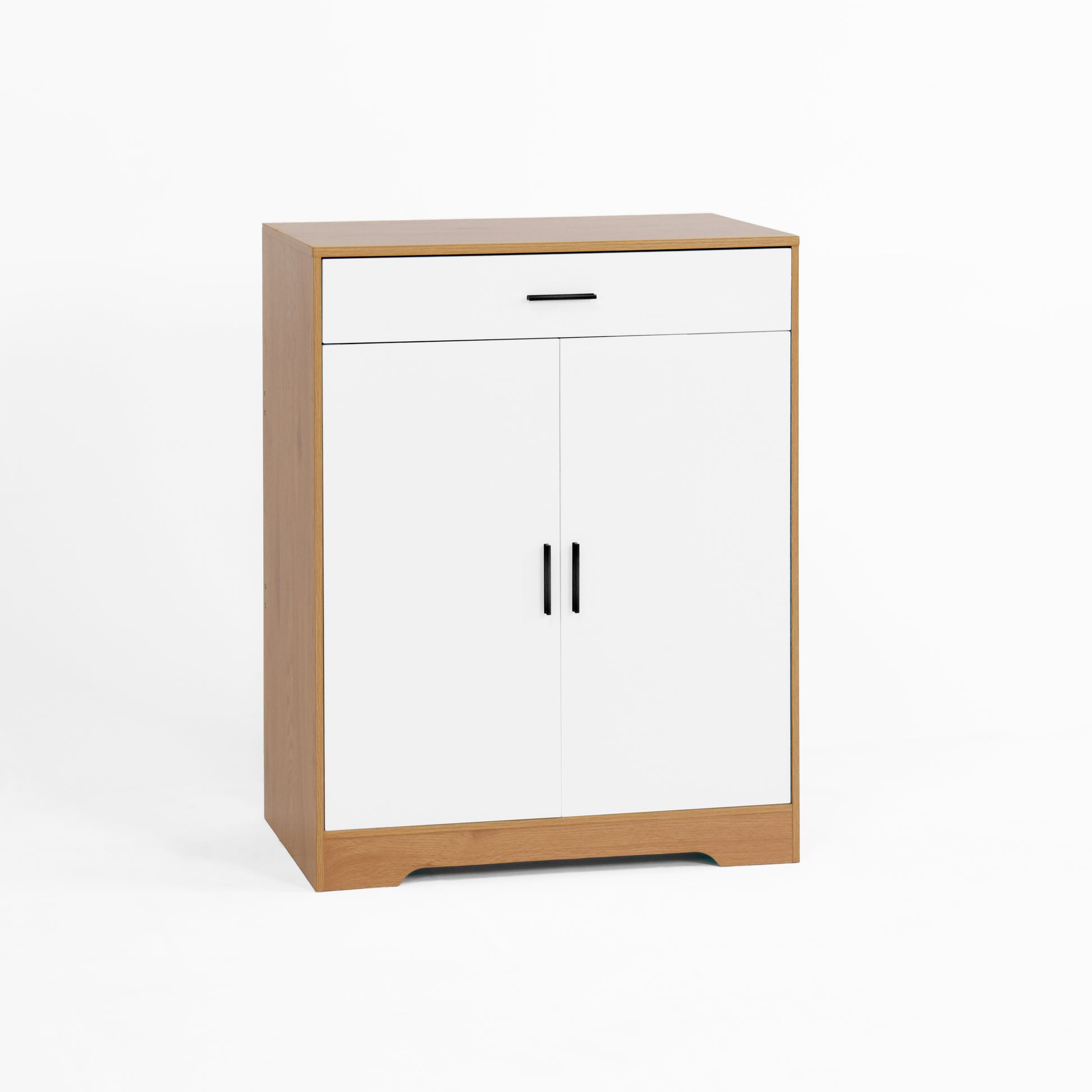 Modern white and wood shoe cabinet with two doors and one drawer