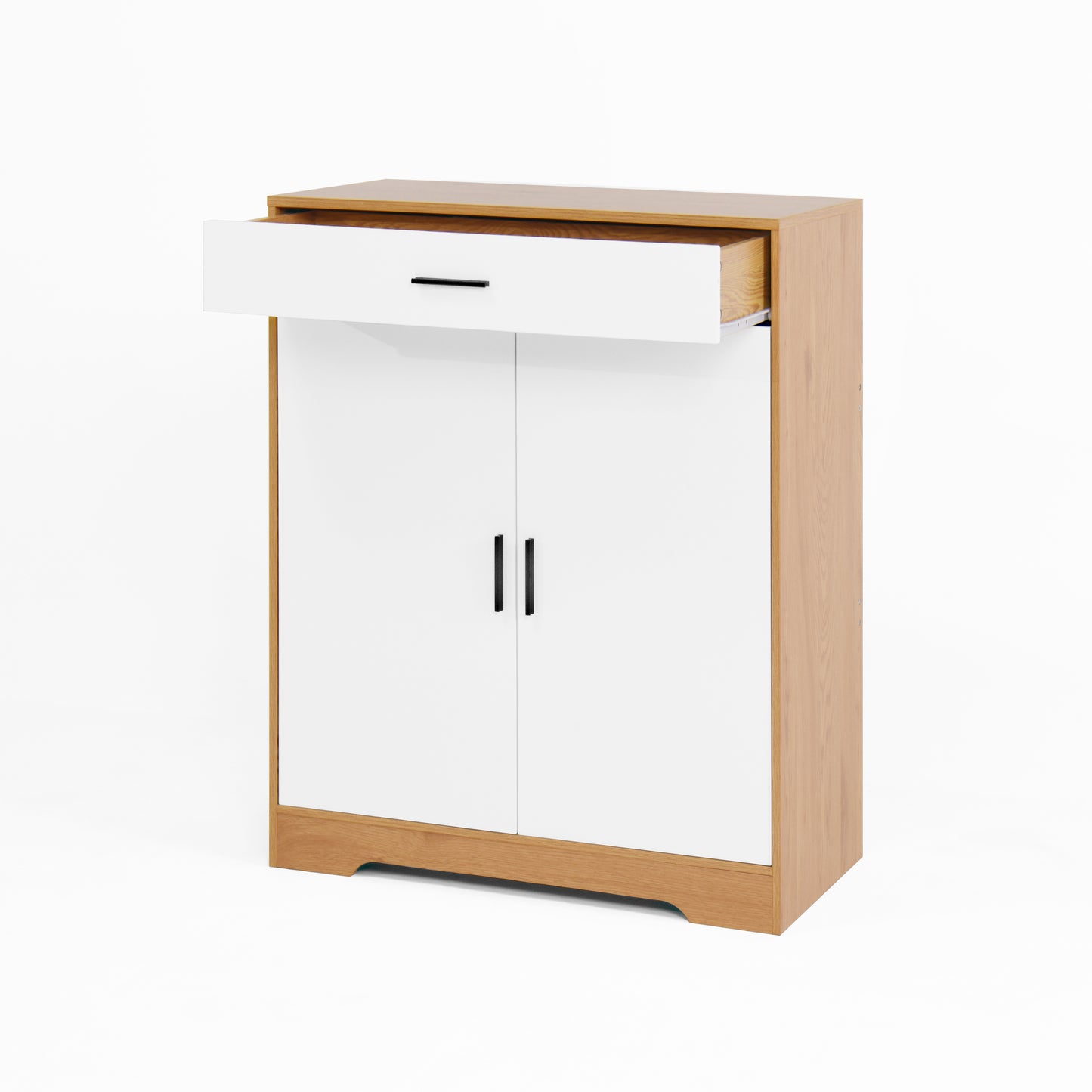 White and oak entryway cabinet with one open drawer and two doors