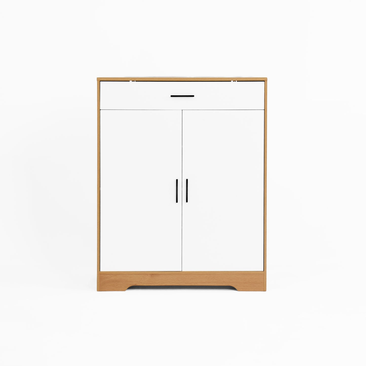 White twodoor storage cabinet with natural wood base and drawer front