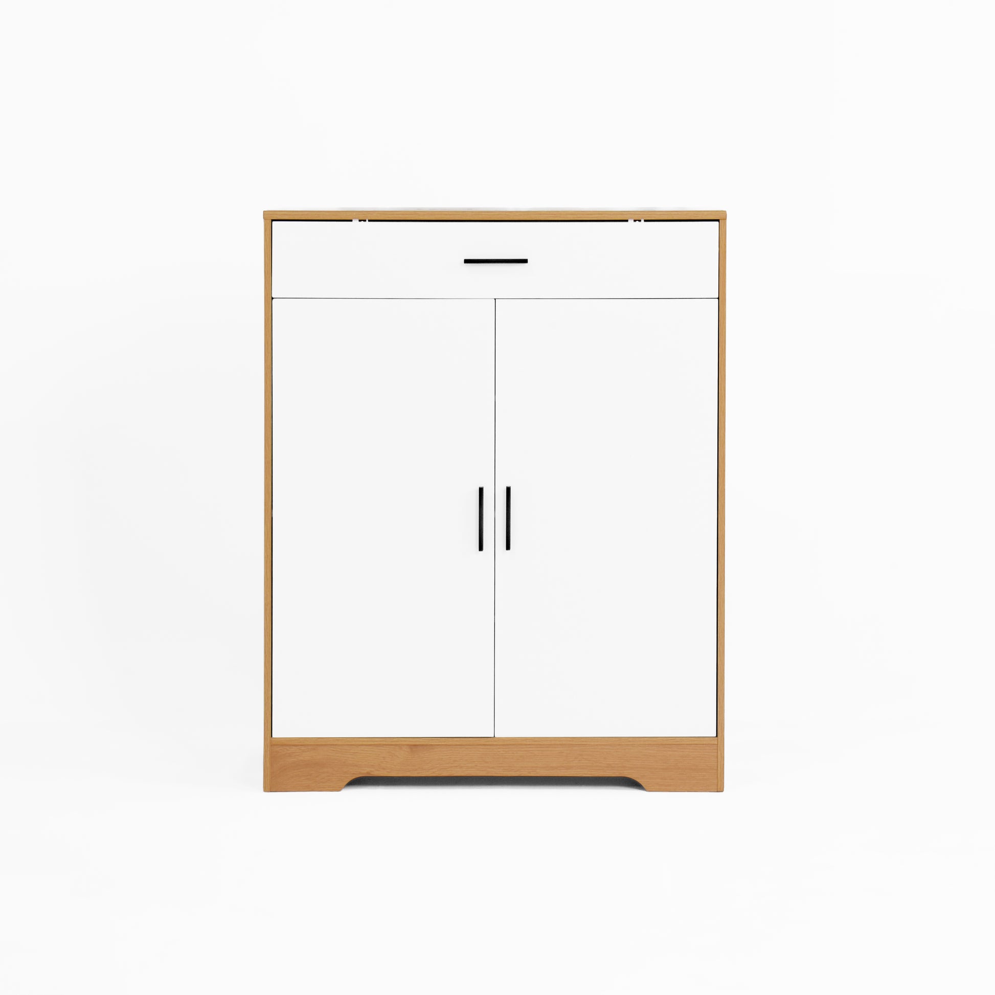 White twodoor storage cabinet with natural wood base and drawer front