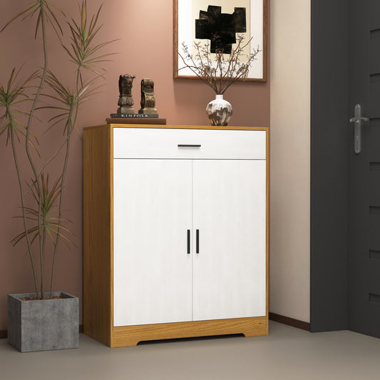 Modern white and wood twodoor cabinet with a single drawer