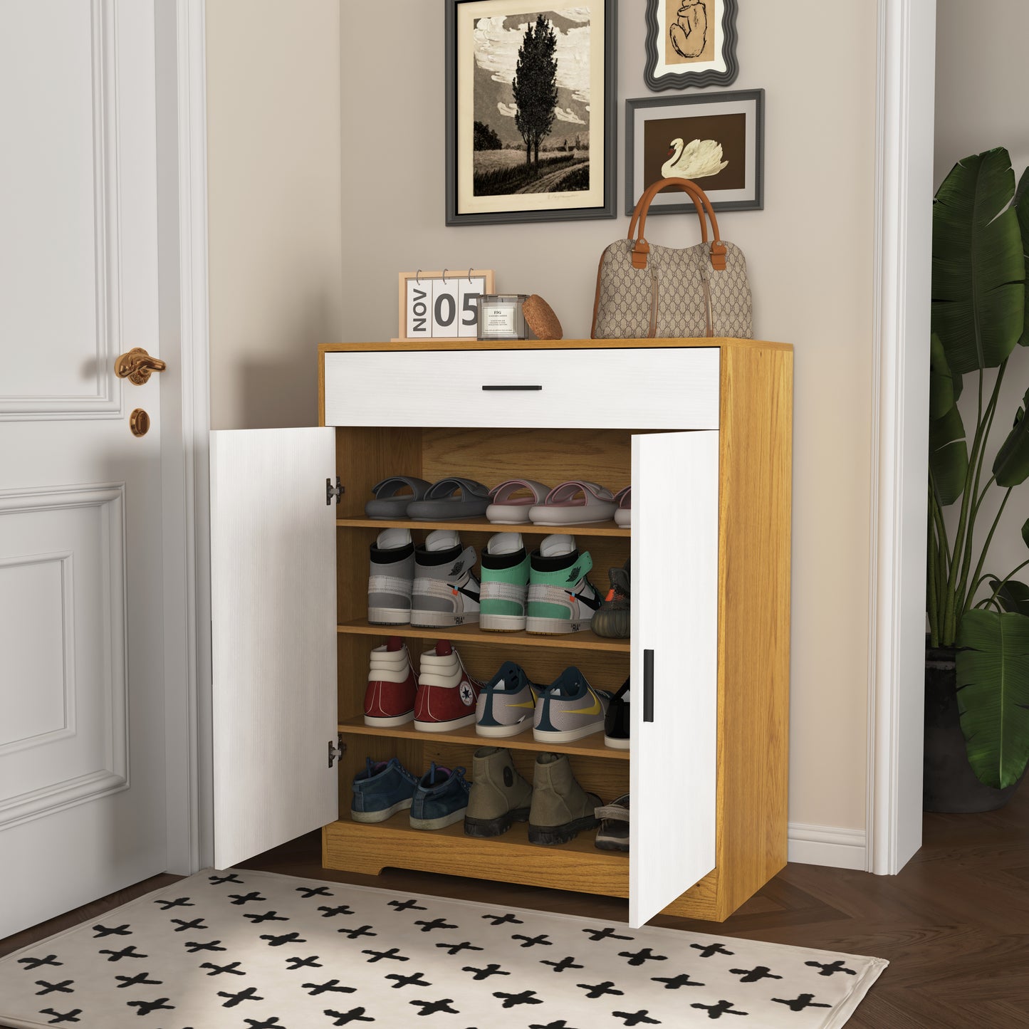 Wooden shoe cabinet with white drawer holding various sneakers and slides