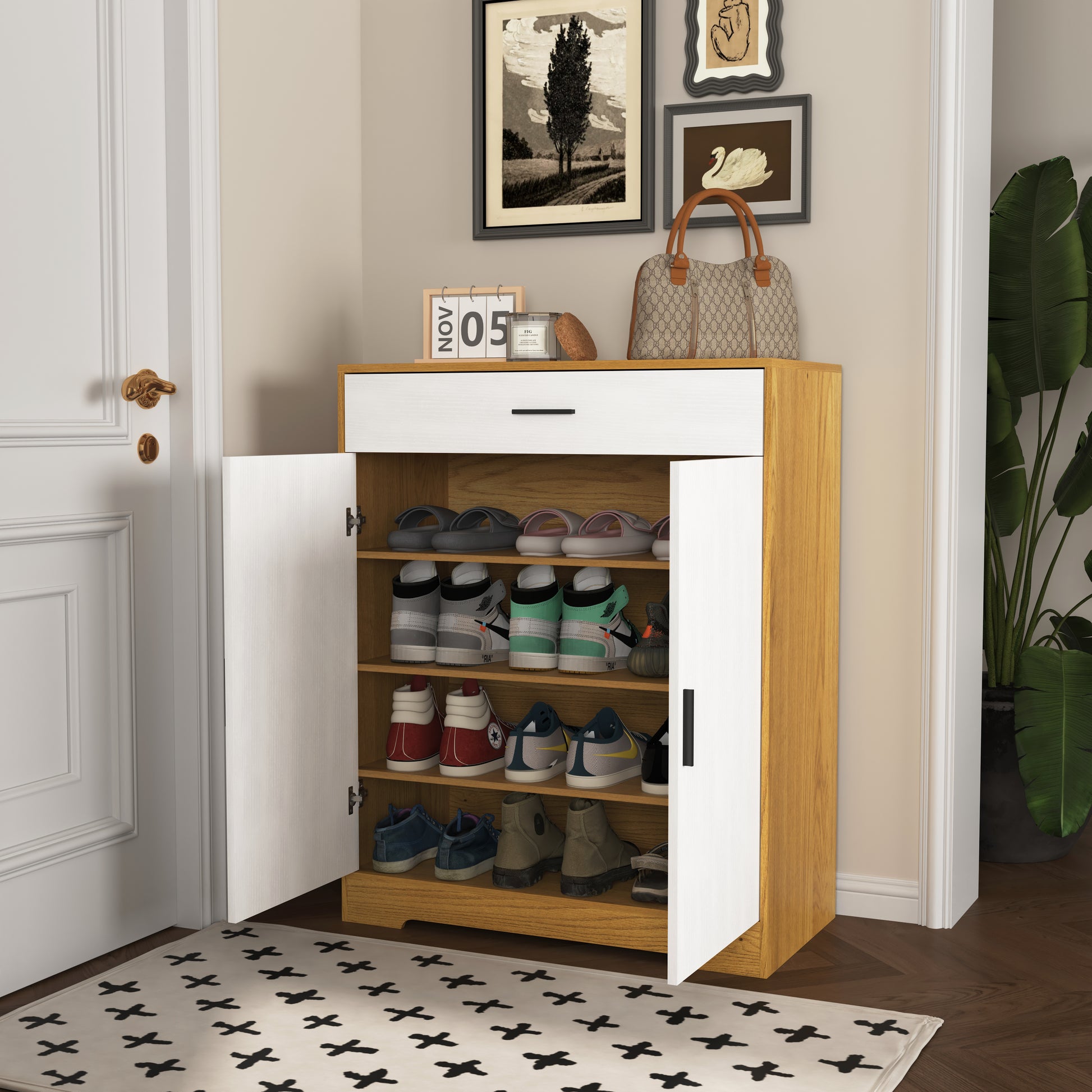 Wooden shoe cabinet with white drawer holding various sneakers and slides