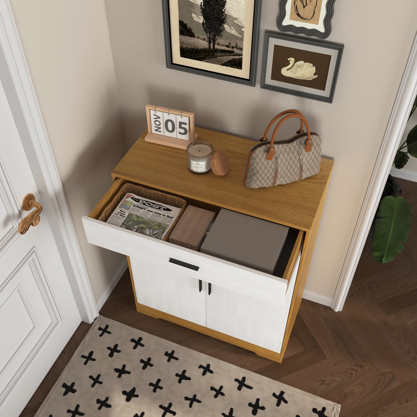 Wooden entryway cabinet with white doors and open drawer revealing contents