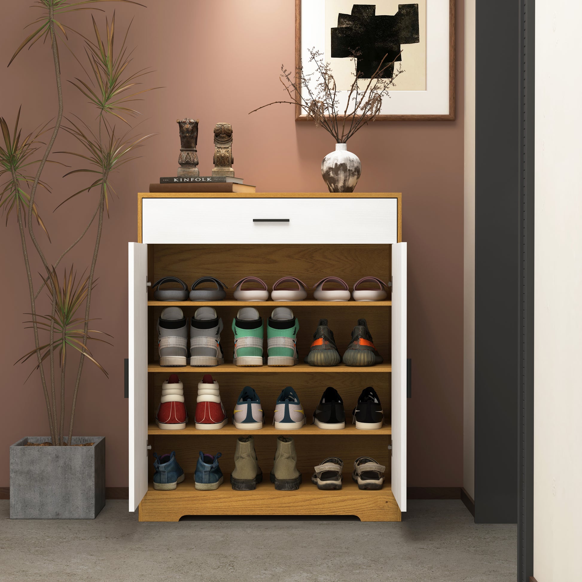 White and wood entryway shoe cabinet with five shelves and a drawer