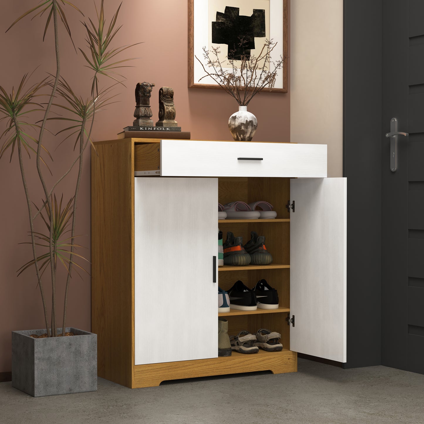 Modern twodoor oak wood and white shoe cabinet with open doors displaying sneakers