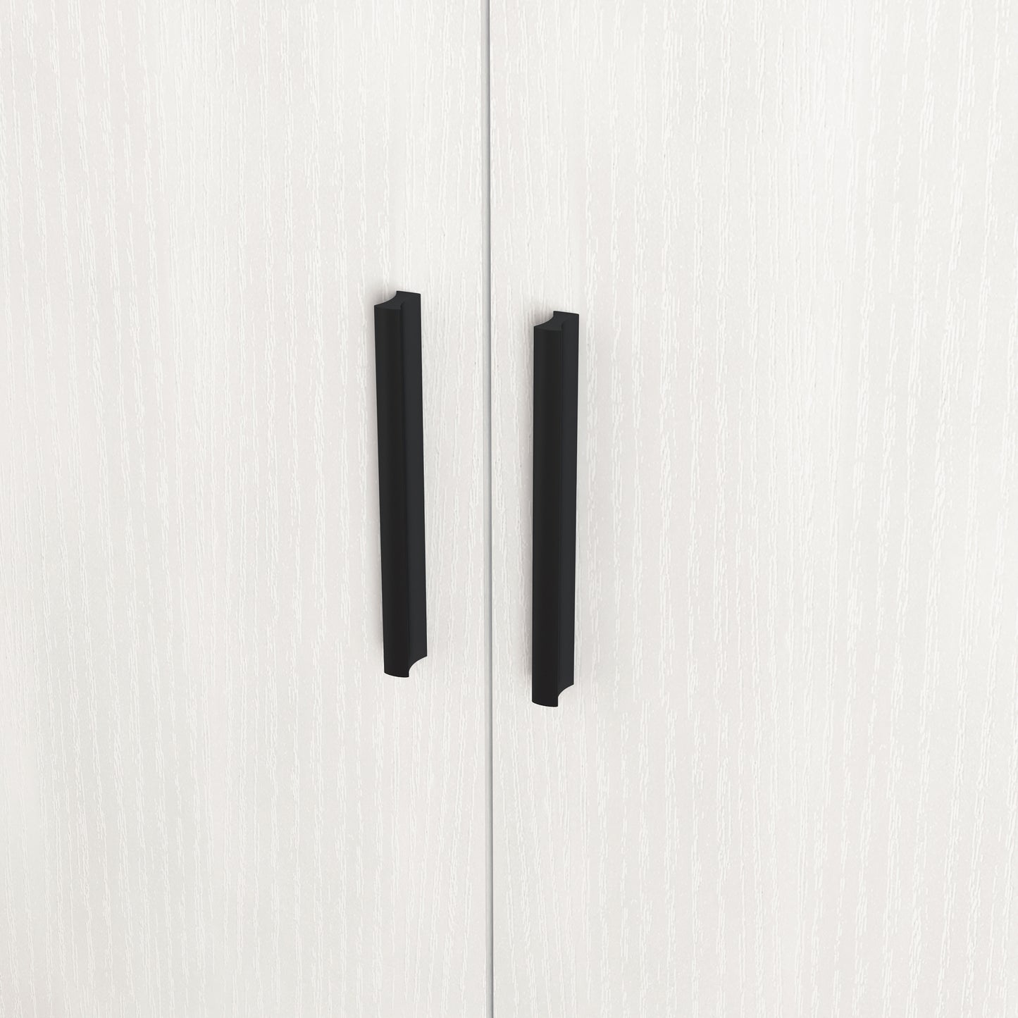 Black modern cabinet handles on white wood grain door