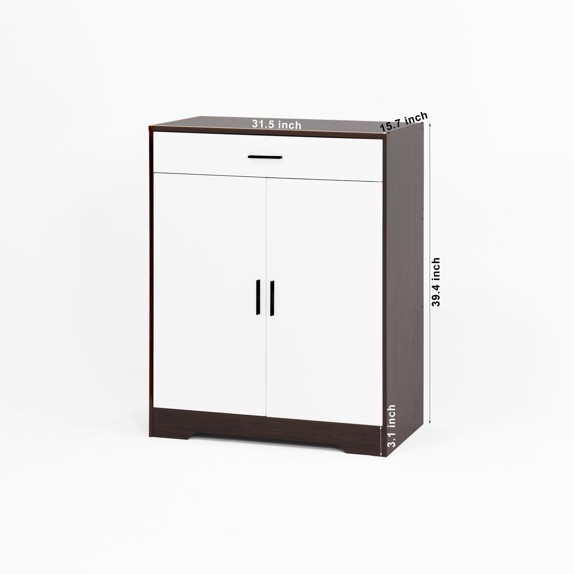 White and dark brown entryway shoe cabinet with drawer and two doors