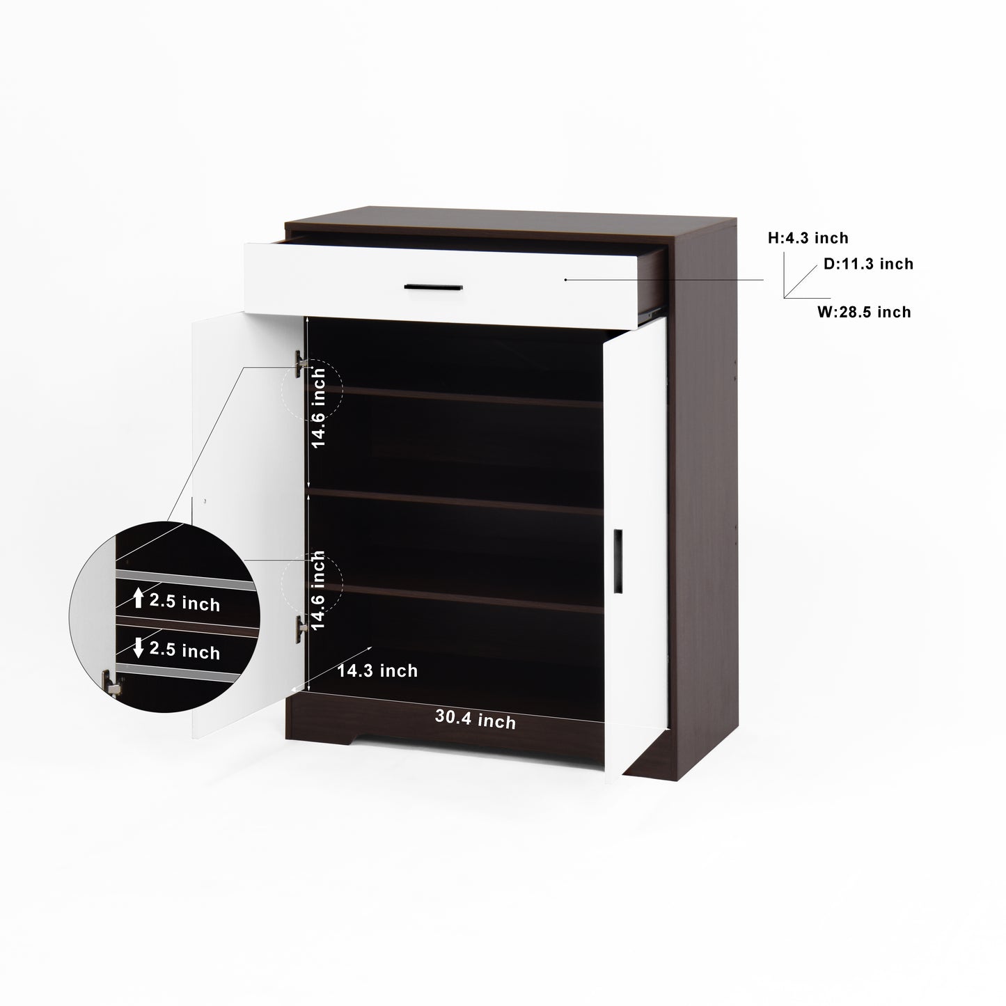 Dark wood and white storage cabinet with open doors