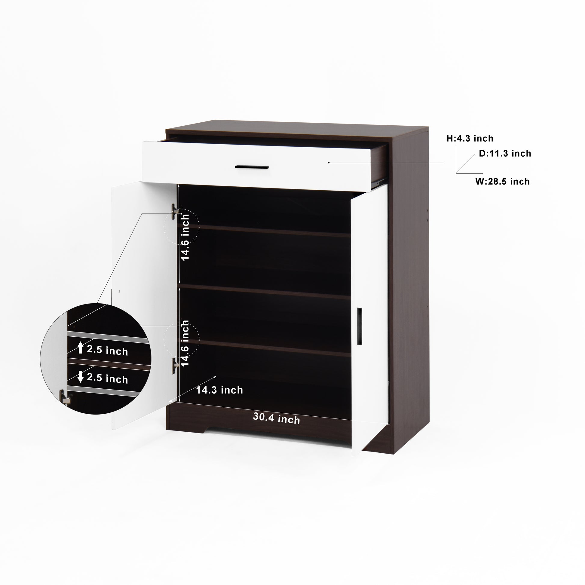 Dark wood and white storage cabinet with open doors