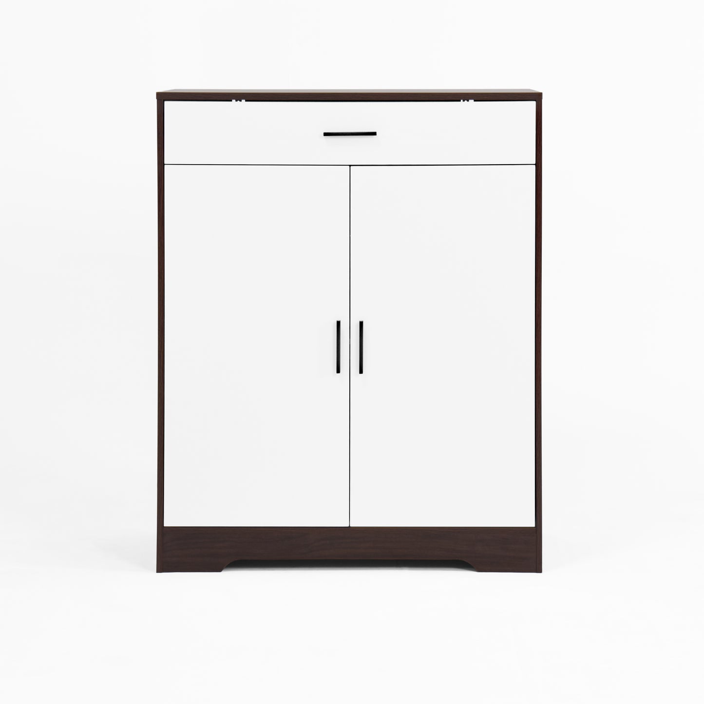 Modern white twodoor cabinet with dark wood frame and single drawer
