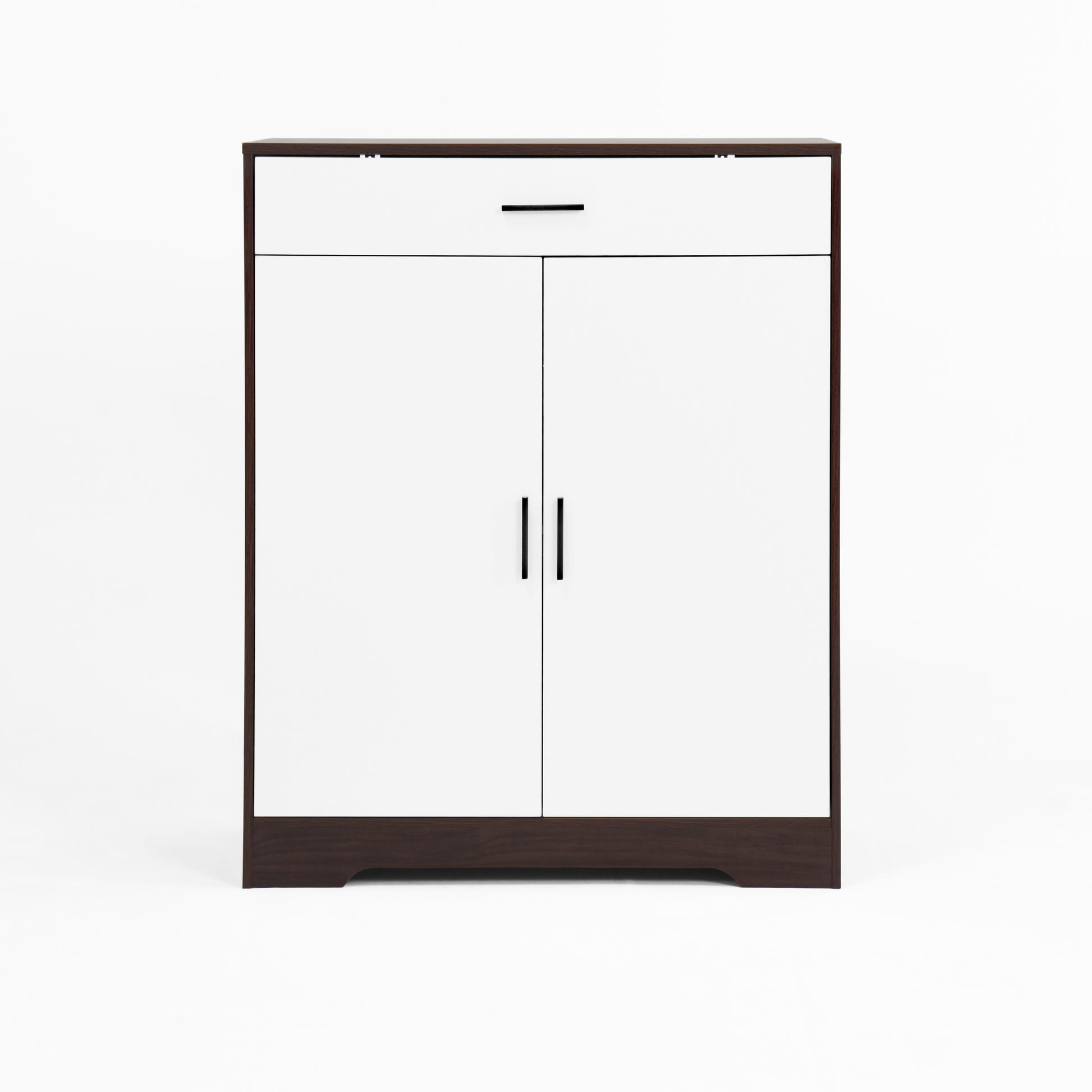 Modern white twodoor cabinet with dark wood frame and single drawer