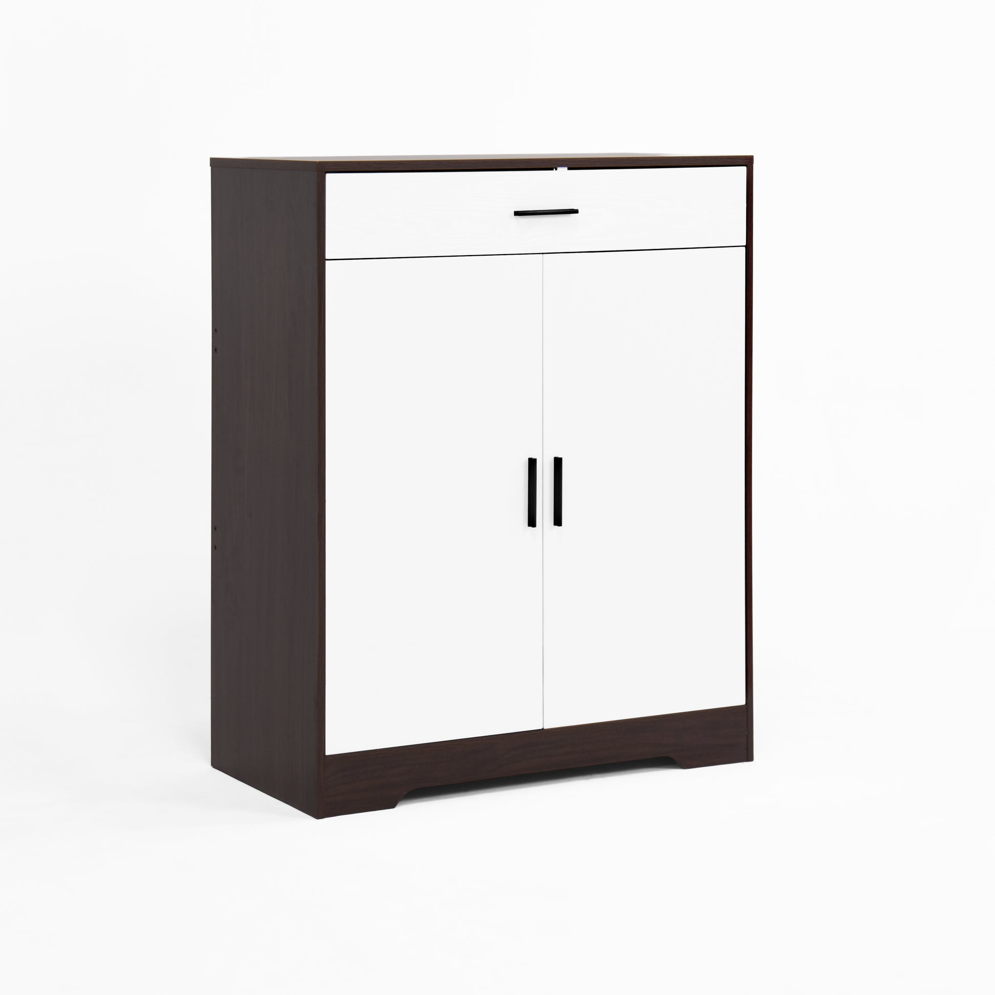 White and dark wood storage cabinet with two doors and a drawer