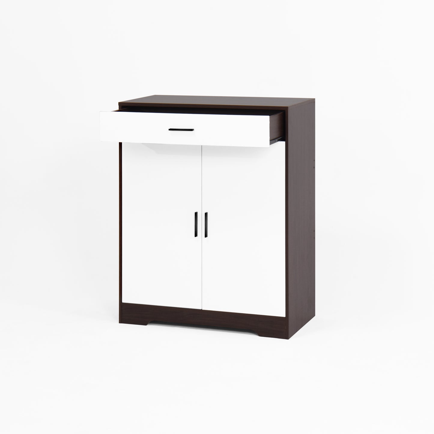 Modern dark wood and white cabinet with two doors and one open drawer